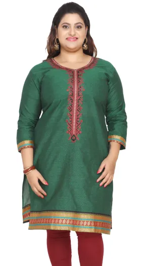 Plus Size Womens Indian Tunics Kurti Long Top Embroidered Apparel (Green)