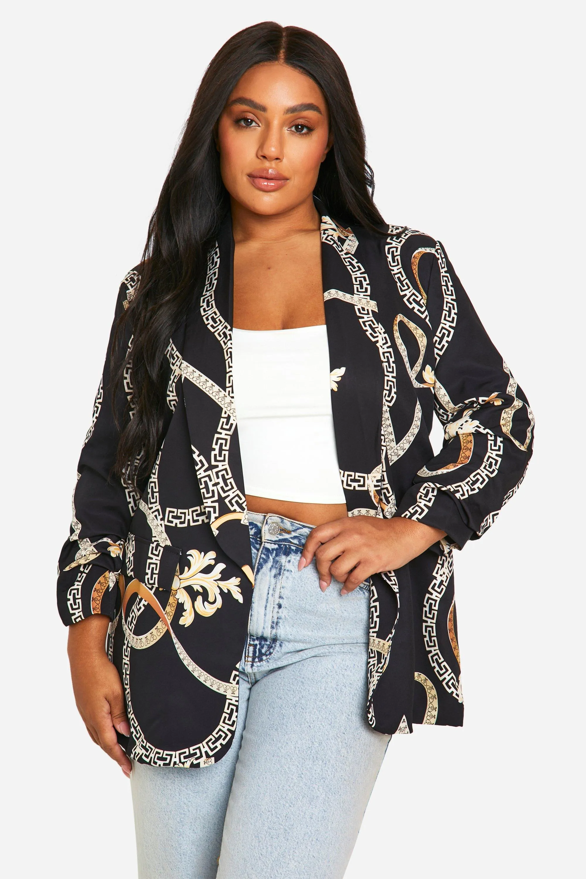 Plus Zebra Chain Print Ruched Sleeve Blazer