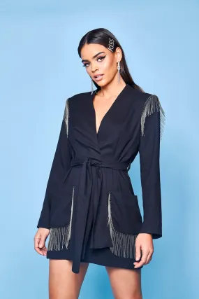 Premium Belted Fringe Trim Blazer Dress