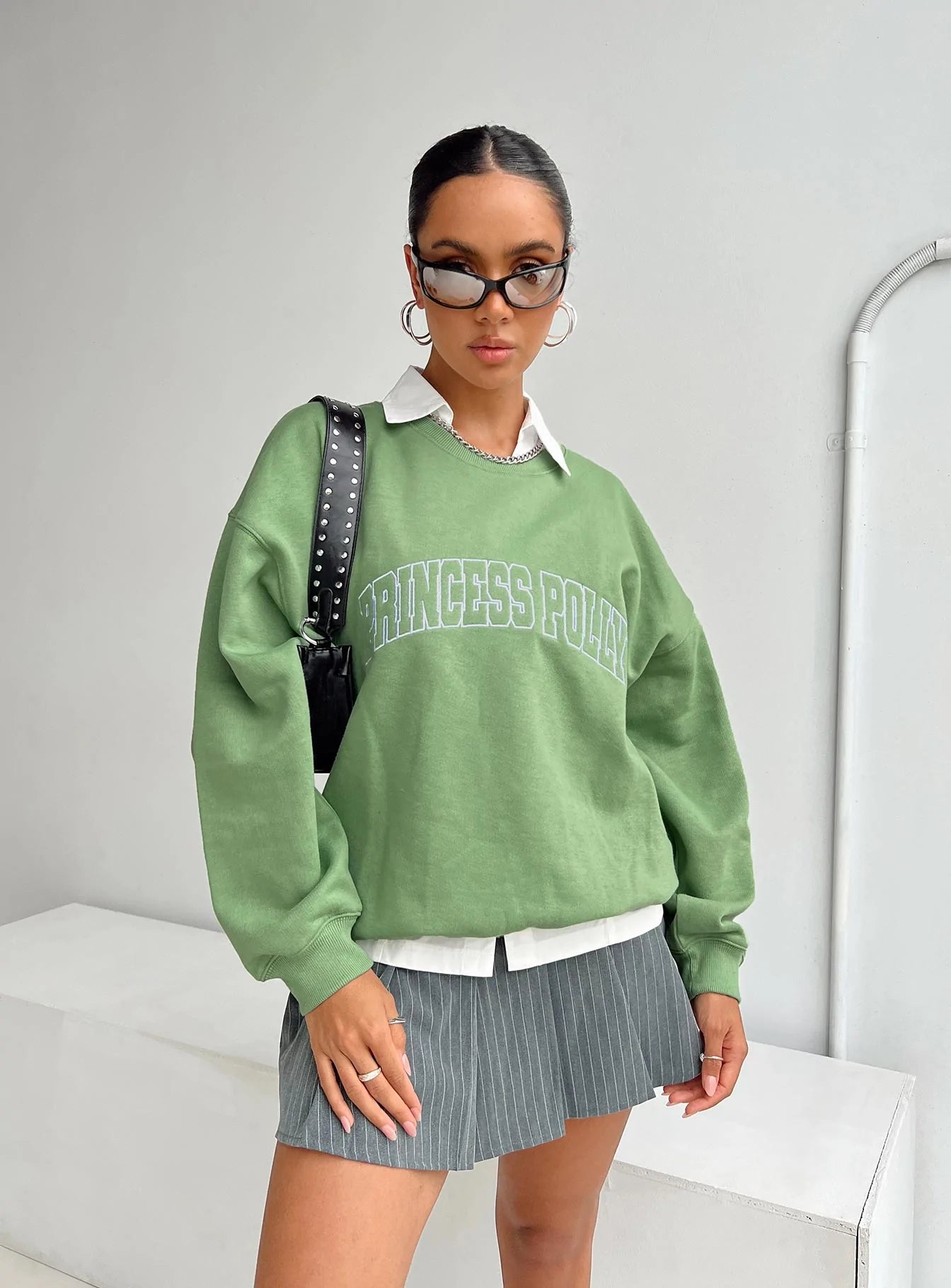 Princess Polly Crew Neck Sweatshirt Collegiate Text Green