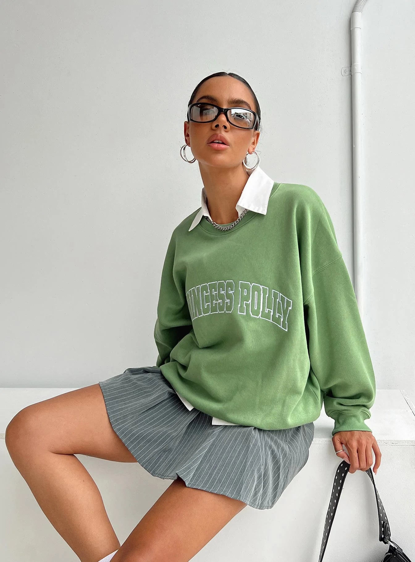 Princess Polly Crew Neck Sweatshirt Collegiate Text Green