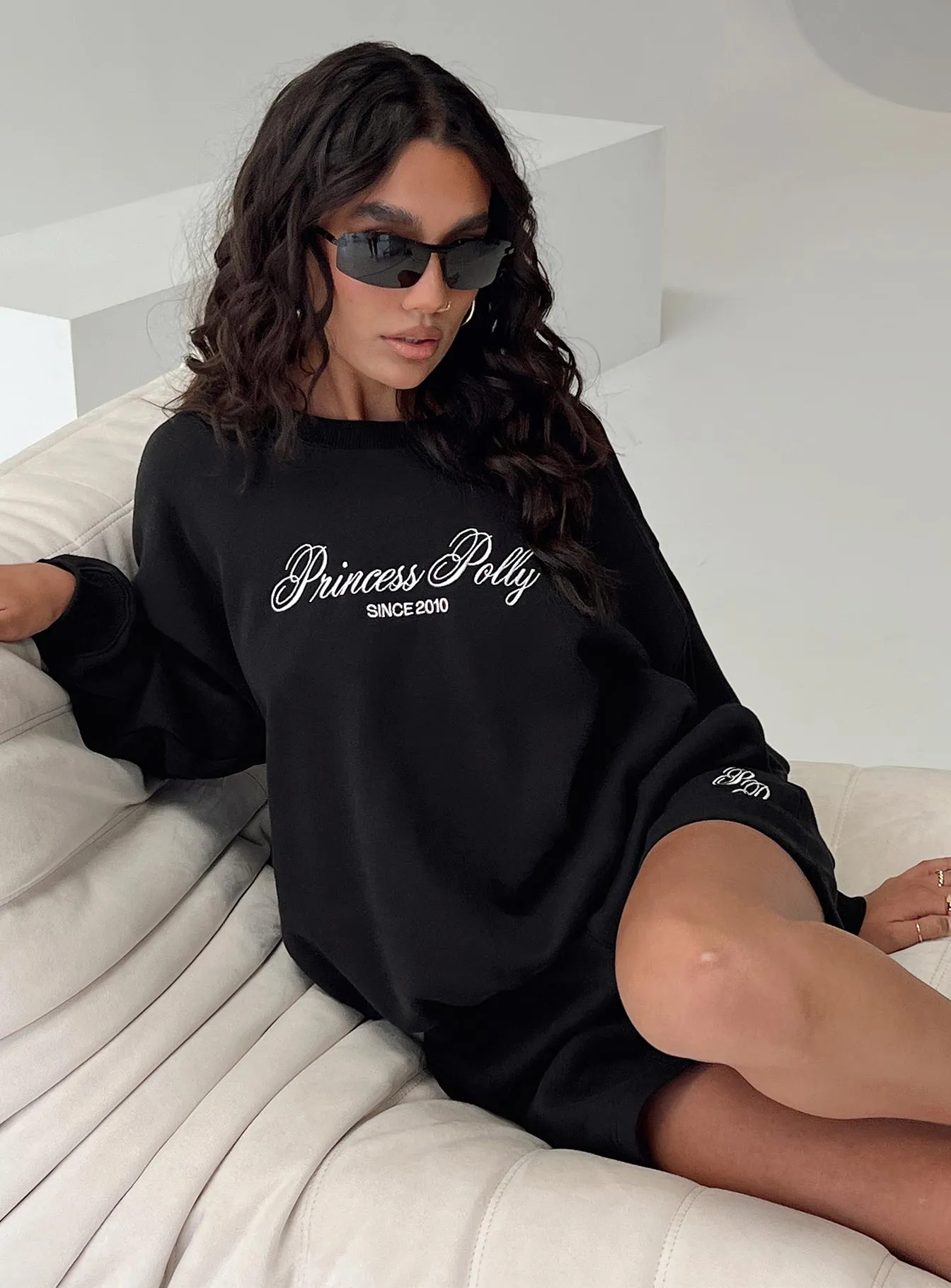 Princess Polly Crew Neck Sweatshirt Cursive Text Black Sand