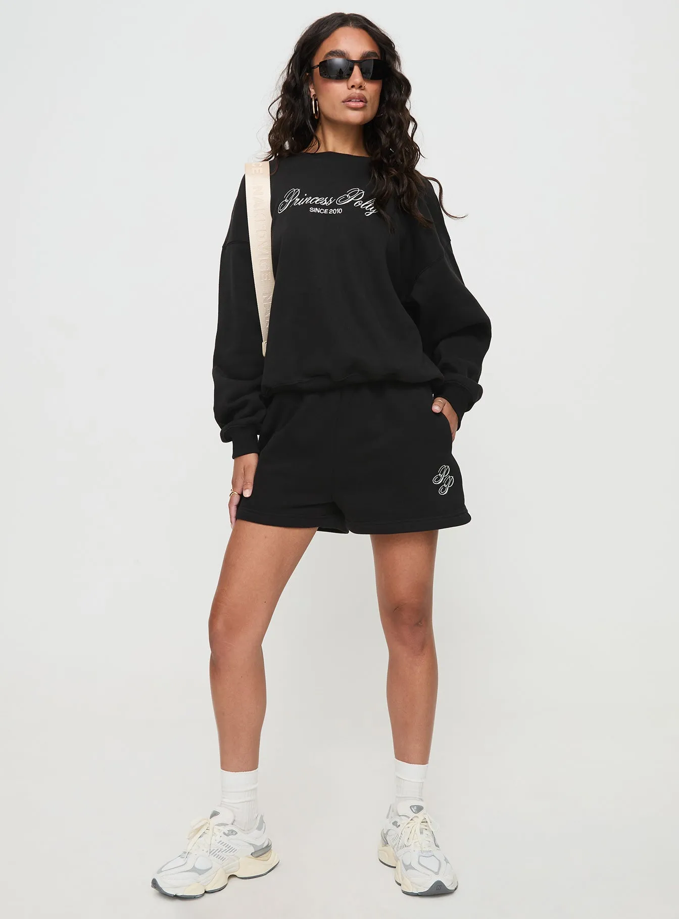 Princess Polly Crew Neck Sweatshirt Cursive Text Black Sand