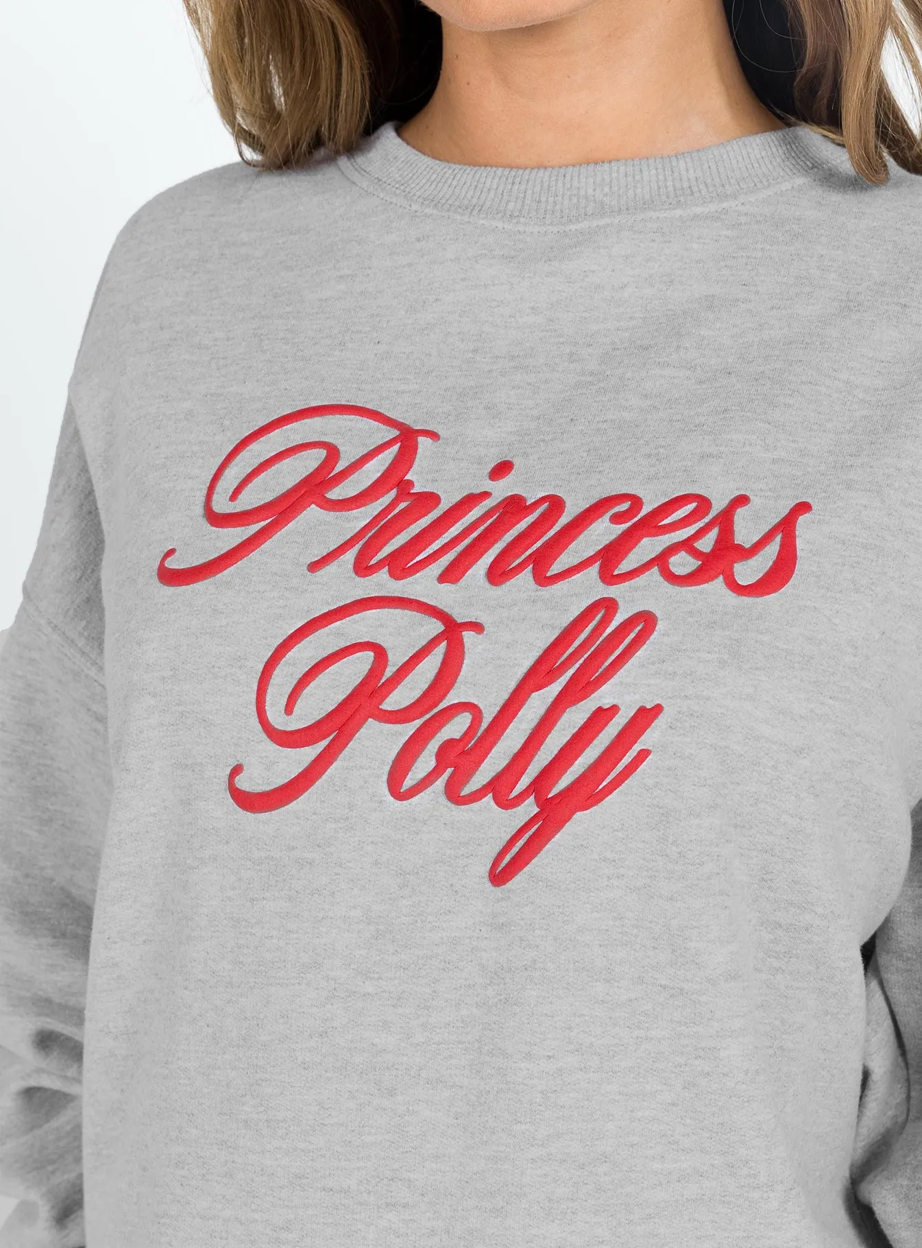 Princess Polly Crew Neck Sweatshirt Cursive Text Grey Marle / Red