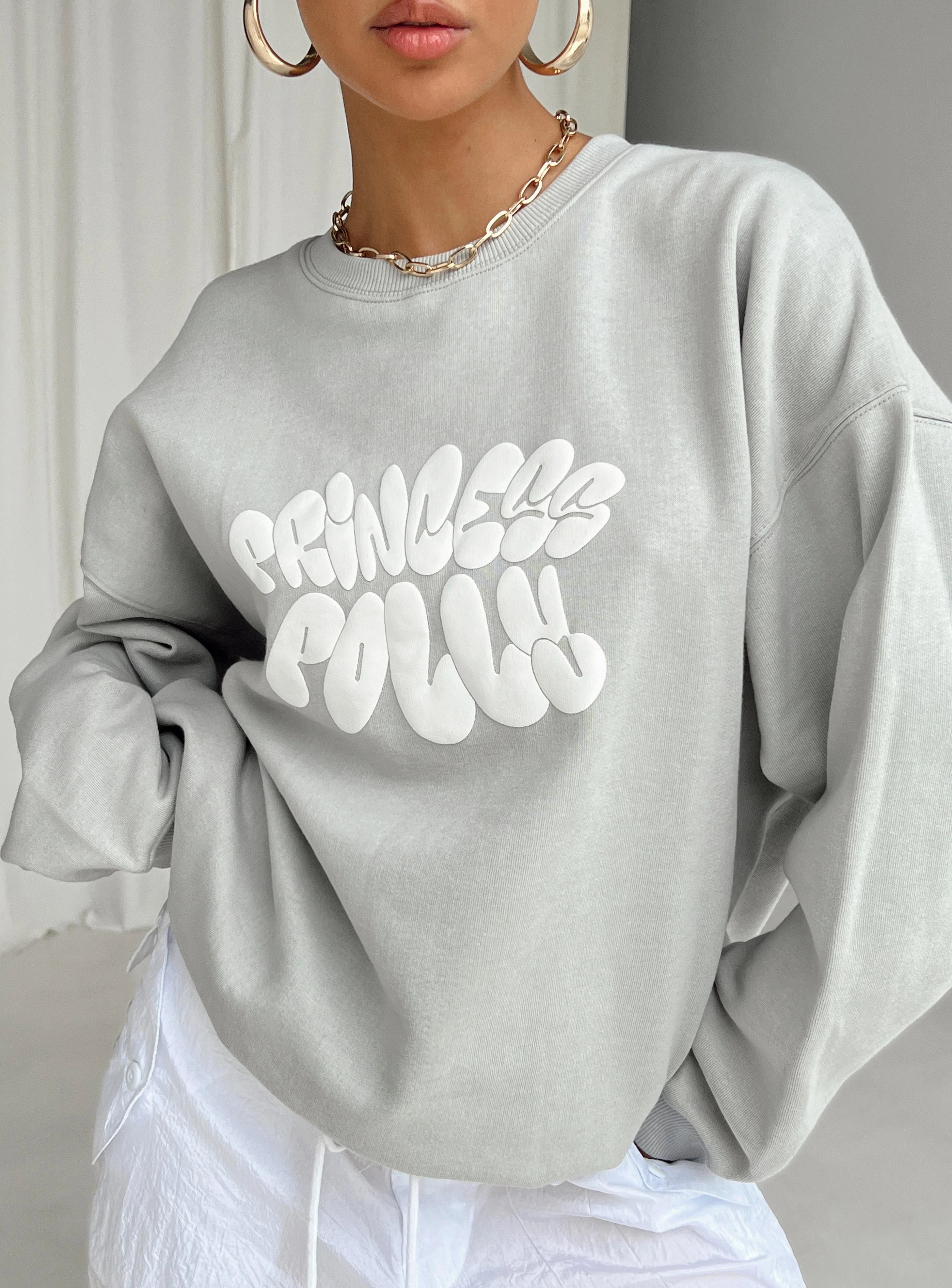 Princess Polly Crewneck Sweatshirt Bubble Text Grey / Cloud White