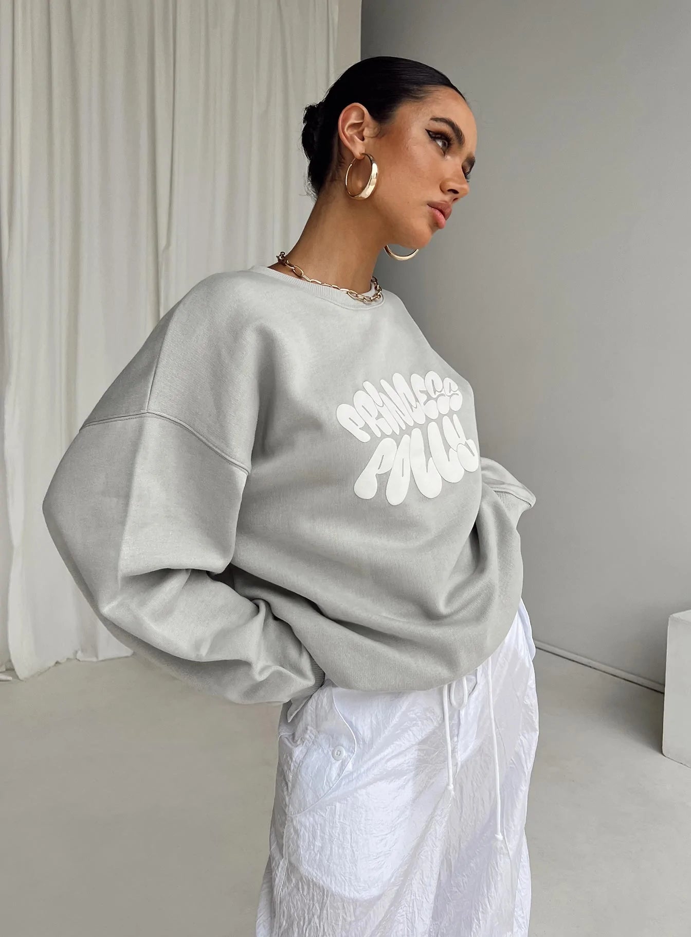 Princess Polly Crewneck Sweatshirt Bubble Text Grey / Cloud White