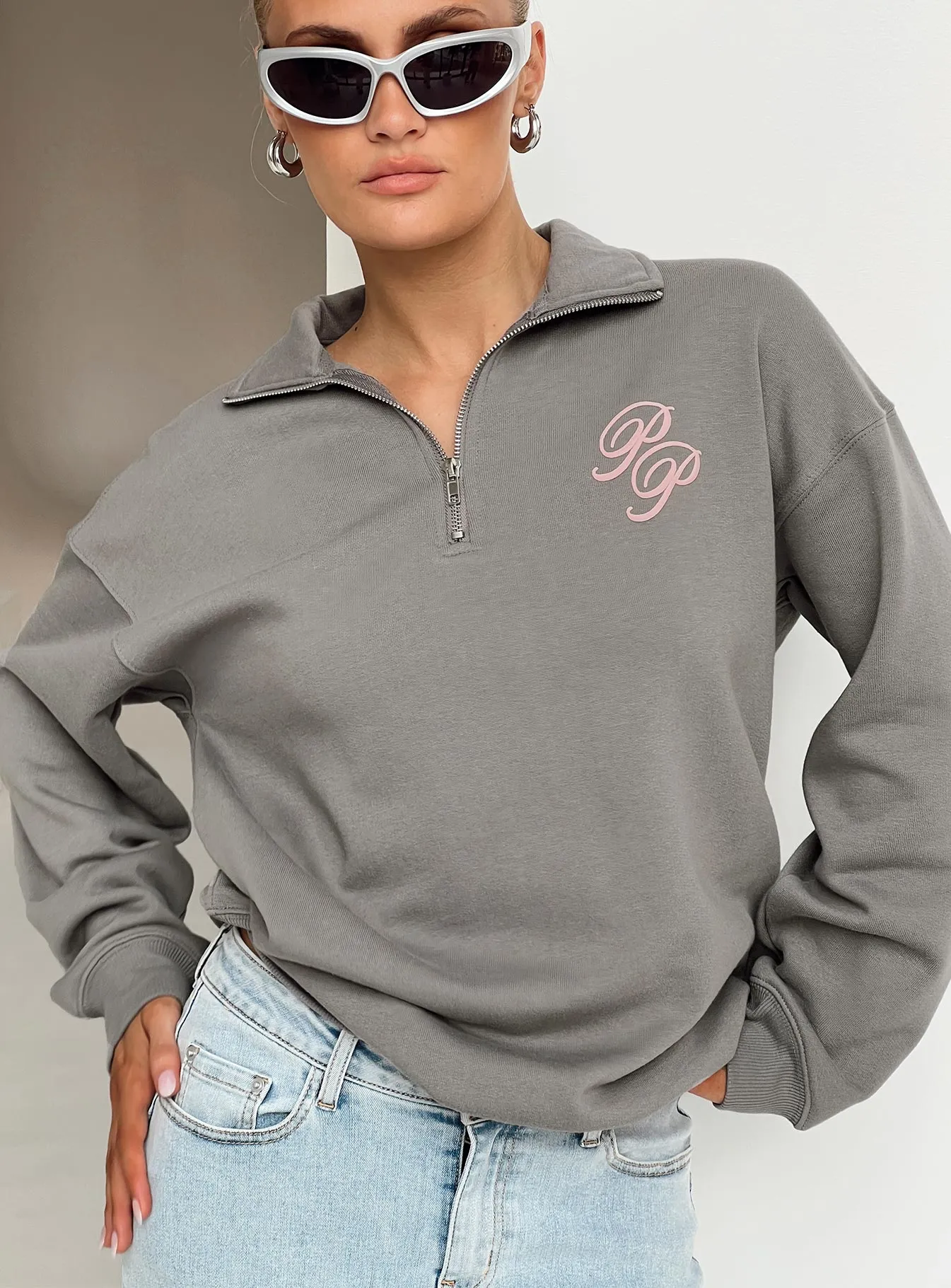 Princess Polly Quarter Zip Sweatshirt Cursive Text Charcoal / Light Pink