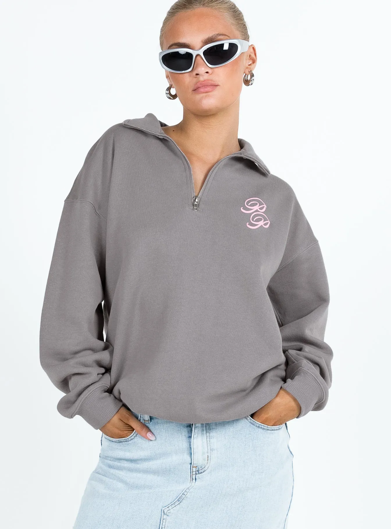 Princess Polly Quarter Zip Sweatshirt Cursive Text Charcoal / Light Pink