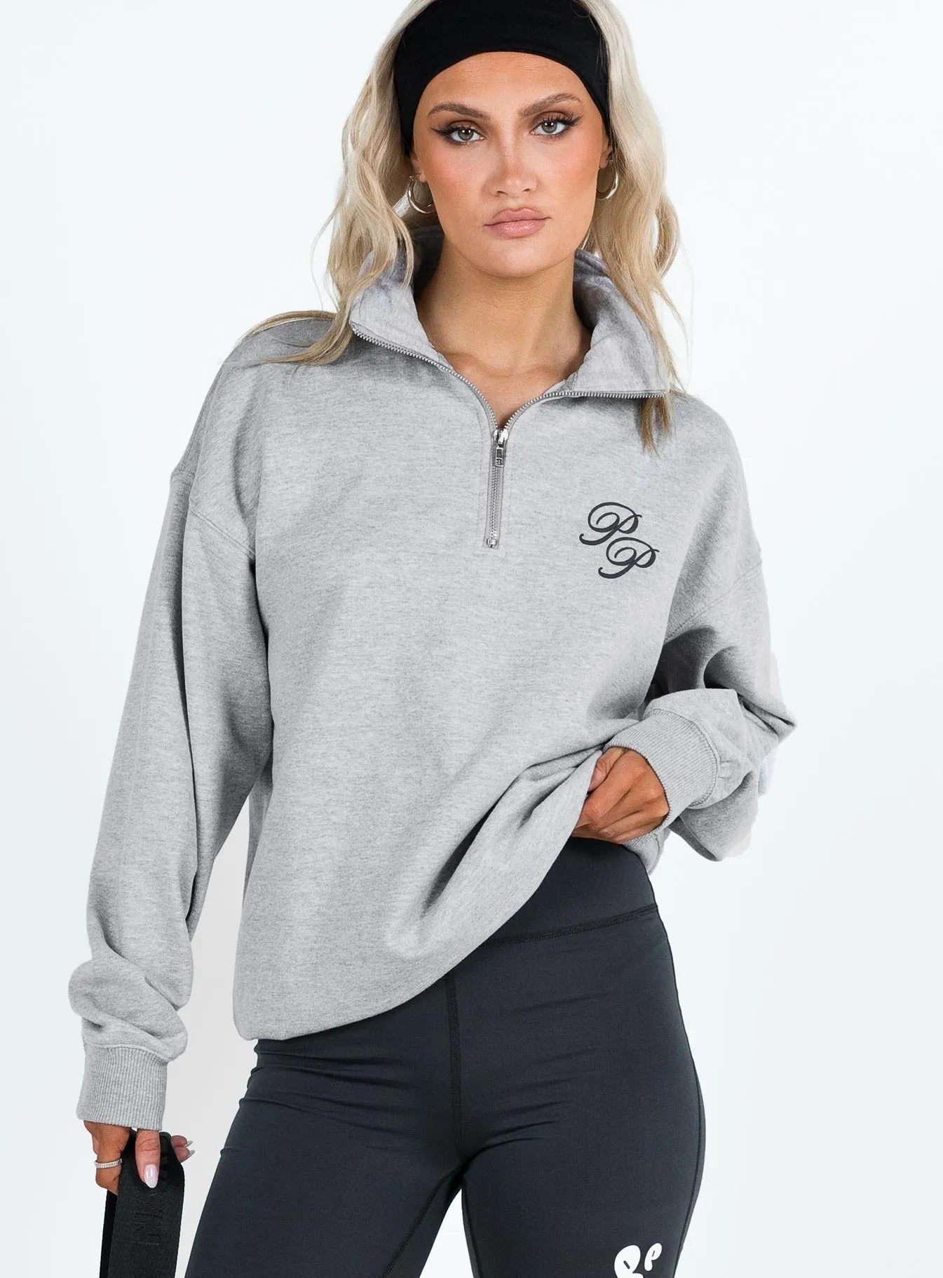 Princess Polly Quarter Zip Sweatshirt Cursive Text Grey Marle / Slate