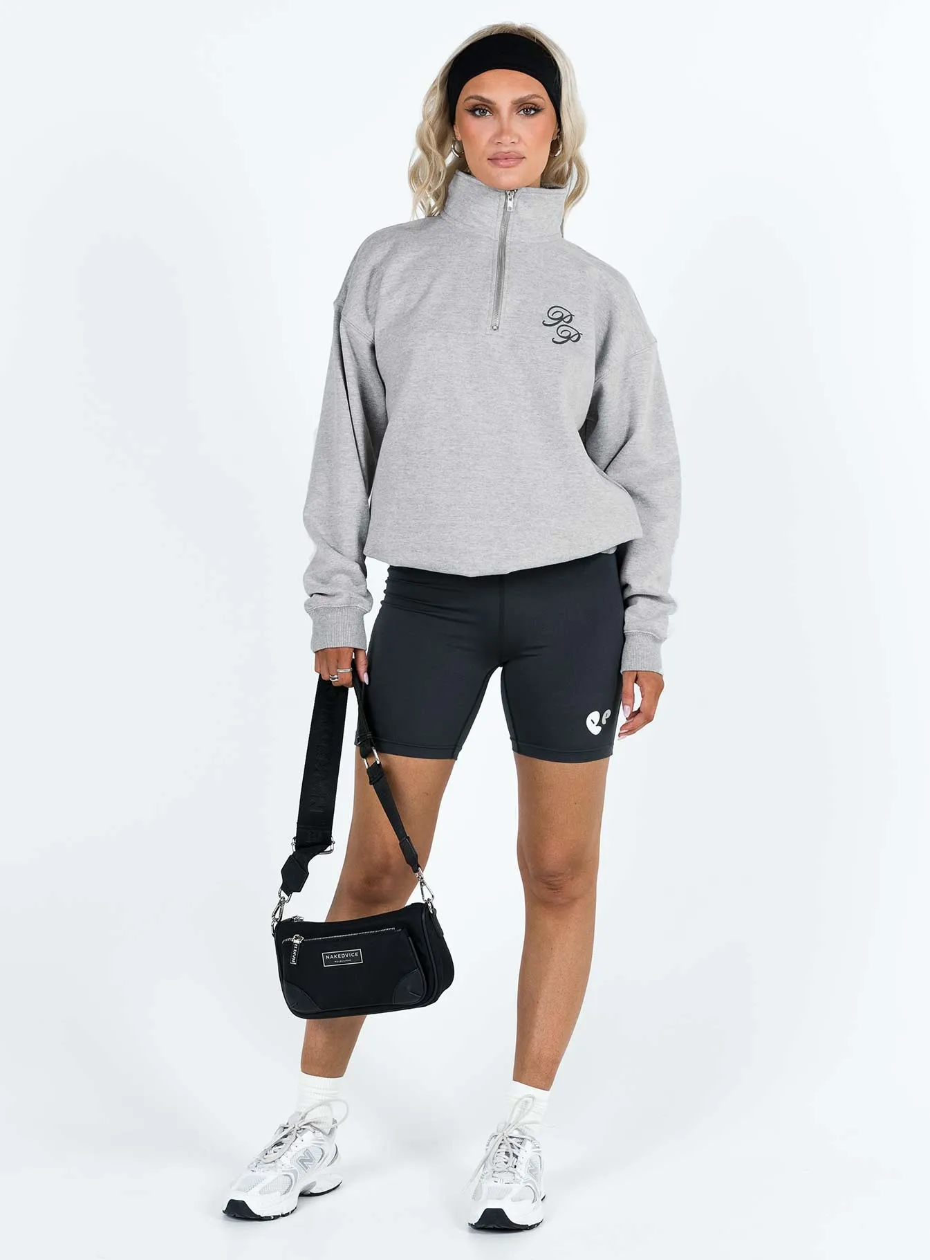 Princess Polly Quarter Zip Sweatshirt Cursive Text Grey Marle / Slate