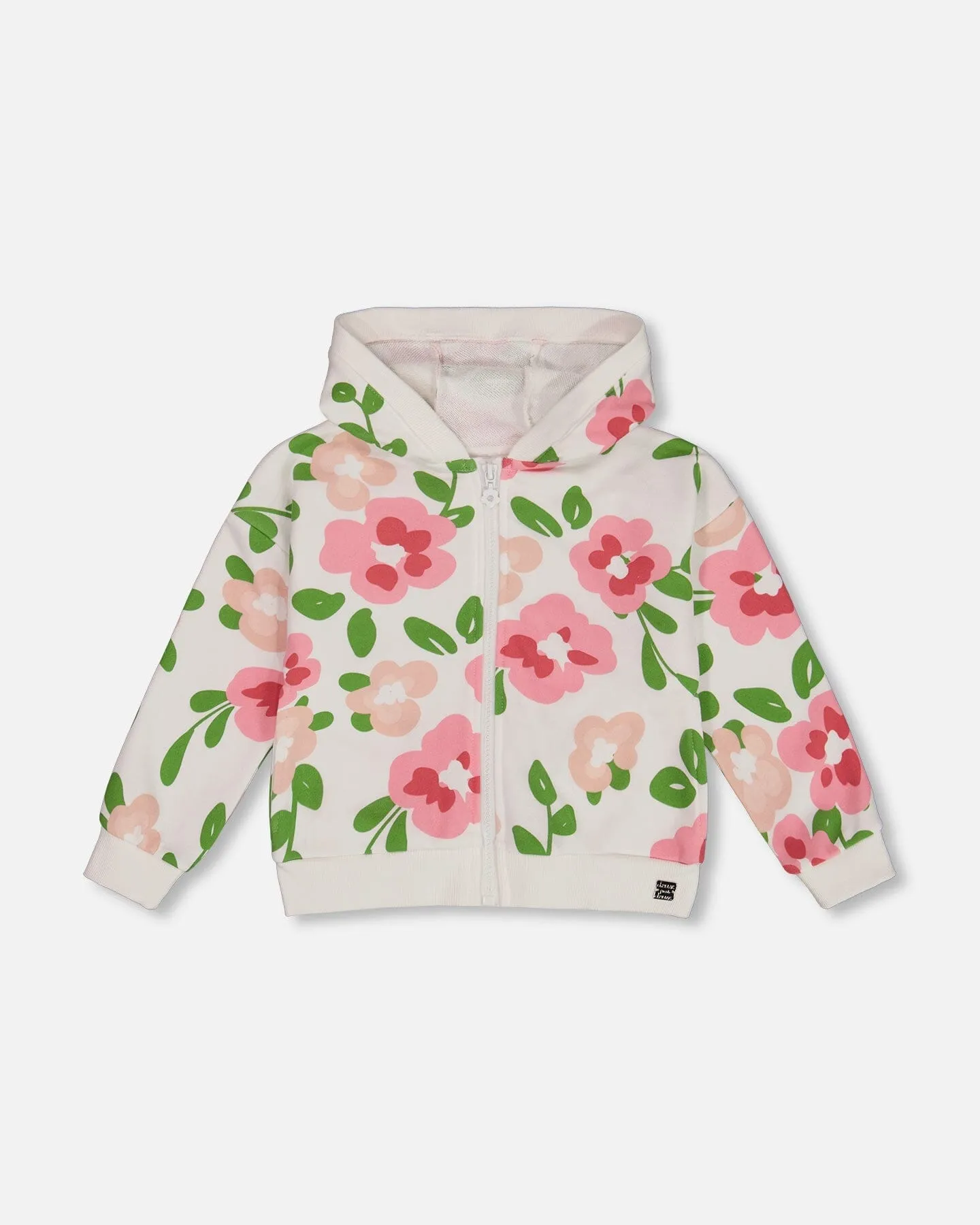 Printed French Terry Hoodie Cardigan Pink Flowers On White Background