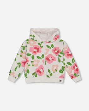 Printed French Terry Hoodie Cardigan Pink Flowers On White Background