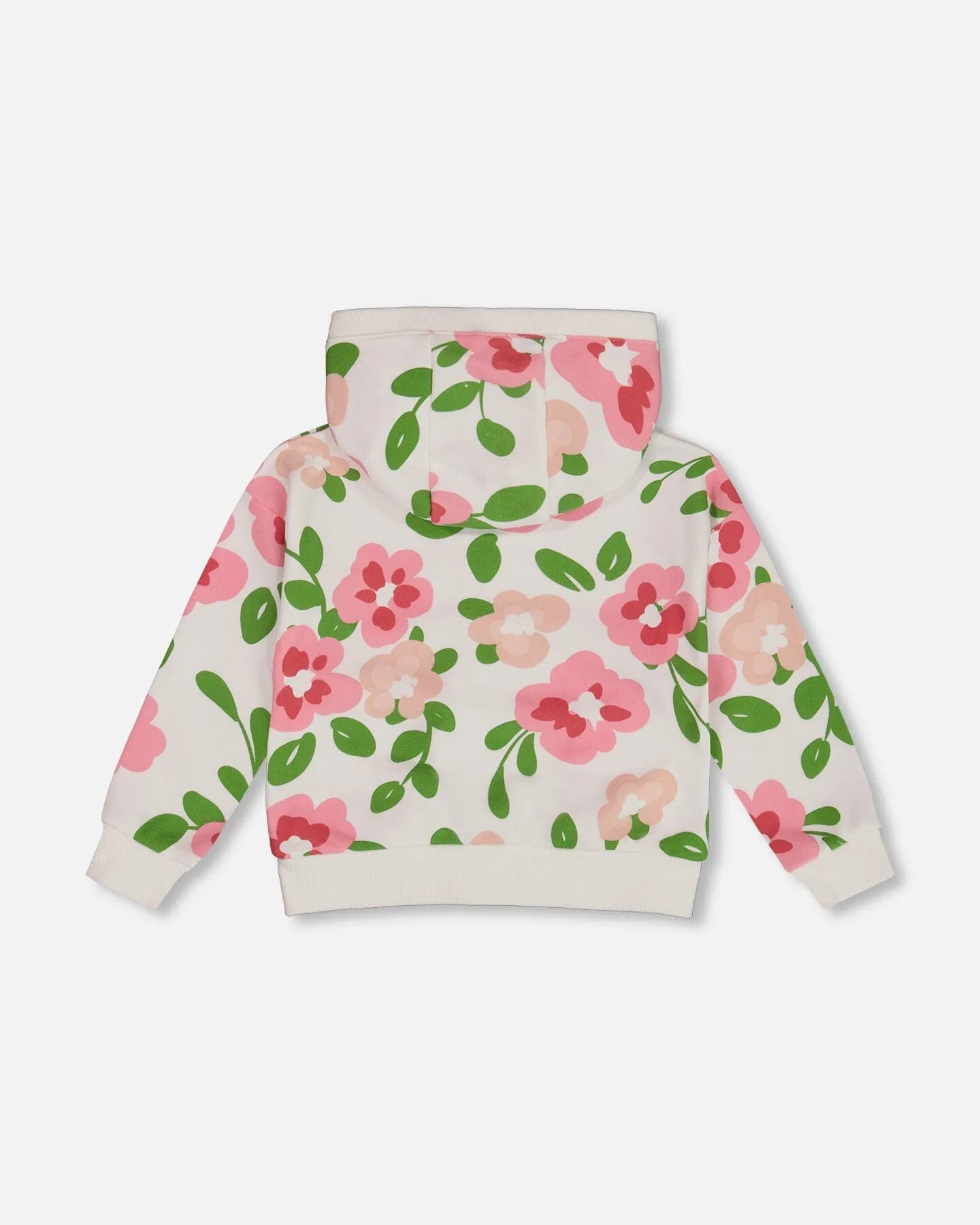 Printed French Terry Hoodie Cardigan Pink Flowers On White Background