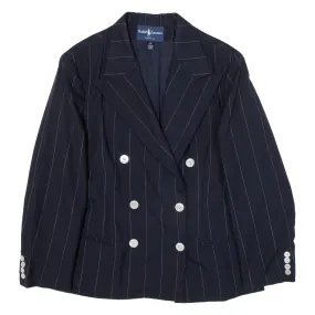 RALPH LAUREN Double Breasted Womens Blazer Jacket Blue Knit Wool Pinstripe L