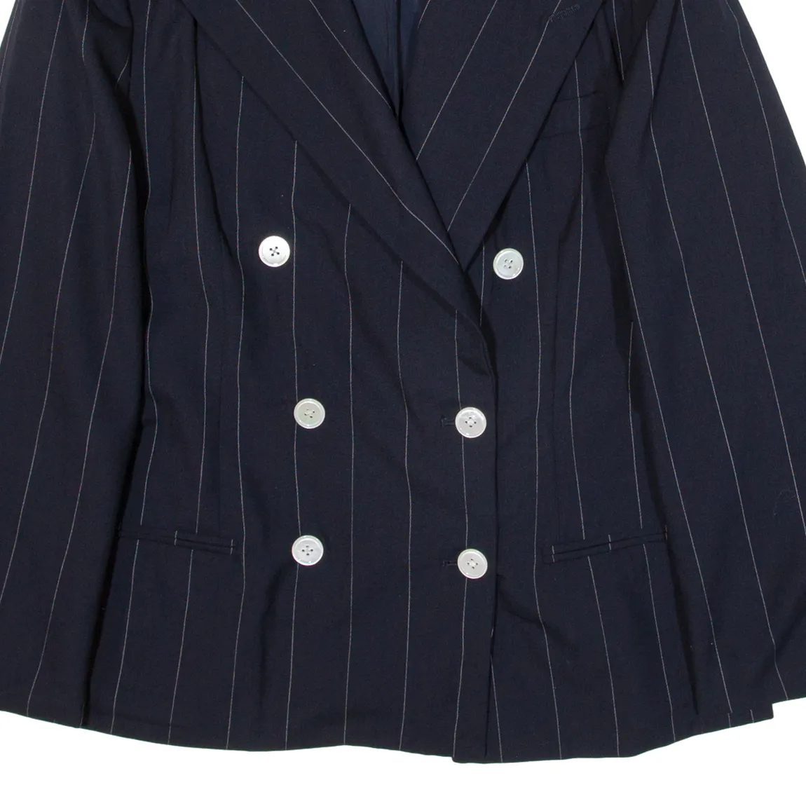 RALPH LAUREN Double Breasted Womens Blazer Jacket Blue Knit Wool Pinstripe L