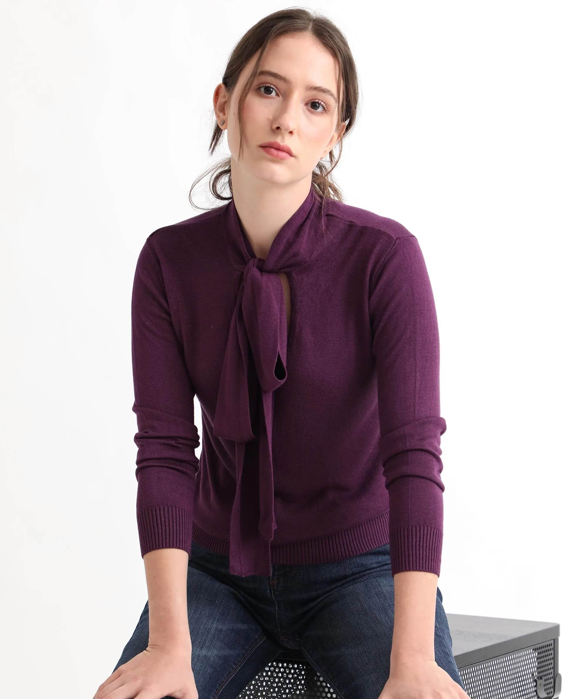 Rareism Women Dolce Purple Viscose Fabric Full Sleeves Regular Fit Solid Tie-Up Neck Sweater