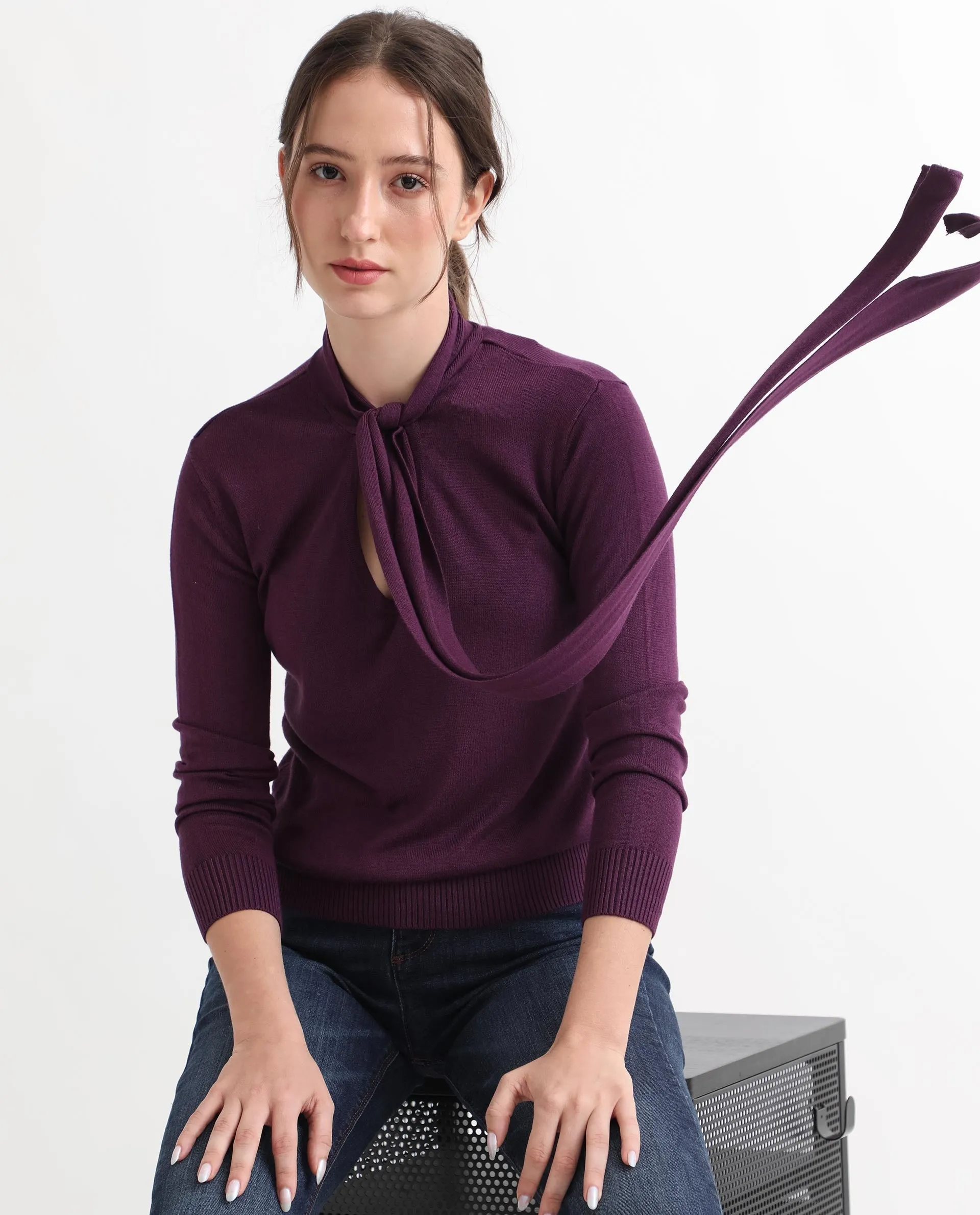 Rareism Women Dolce Purple Viscose Fabric Full Sleeves Regular Fit Solid Tie-Up Neck Sweater