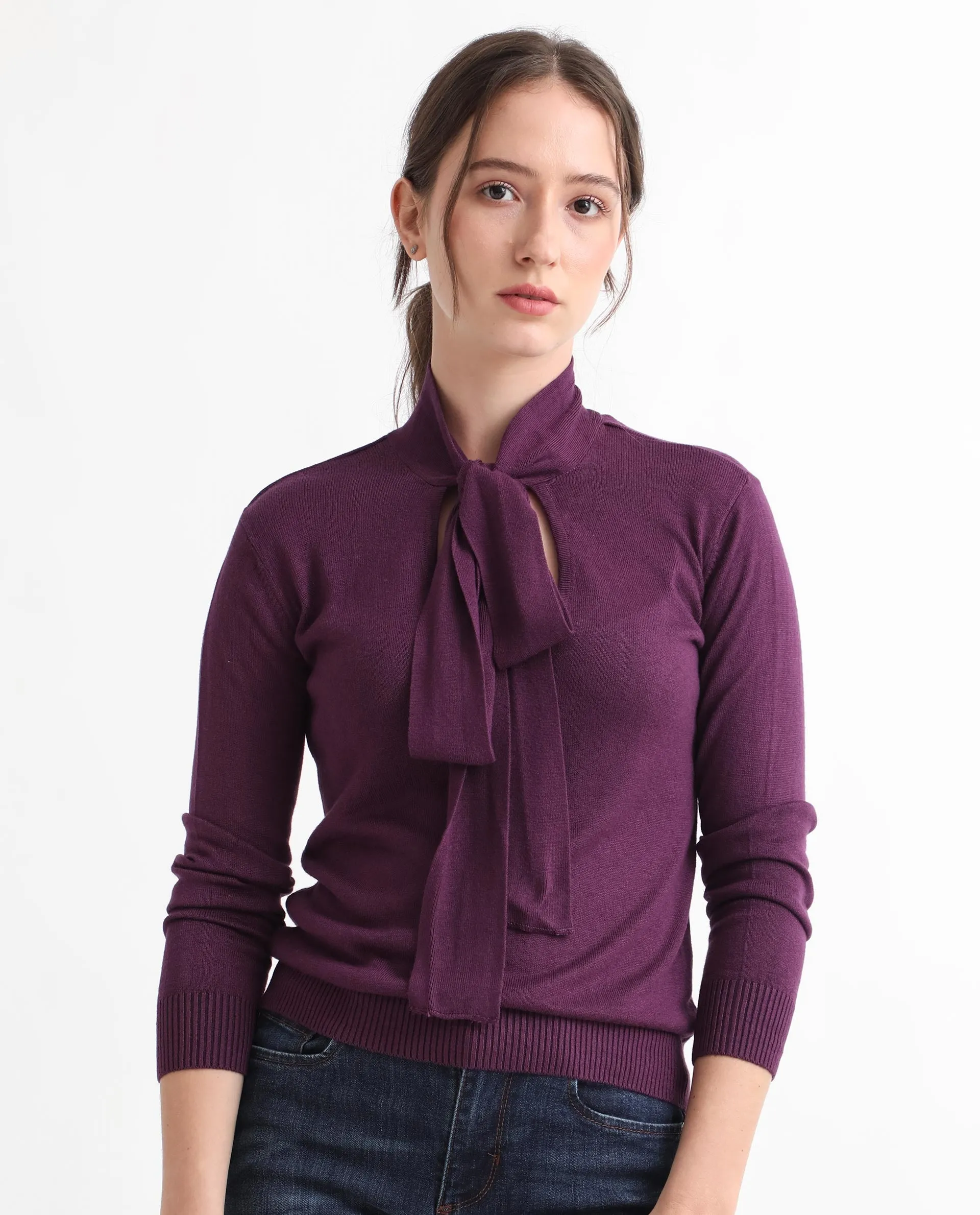 Rareism Women Dolce Purple Viscose Fabric Full Sleeves Regular Fit Solid Tie-Up Neck Sweater