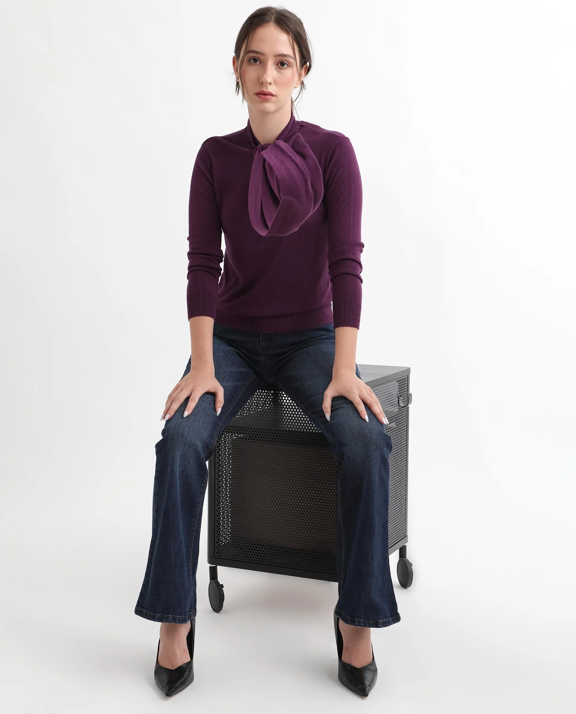 Rareism Women Dolce Purple Viscose Fabric Full Sleeves Regular Fit Solid Tie-Up Neck Sweater