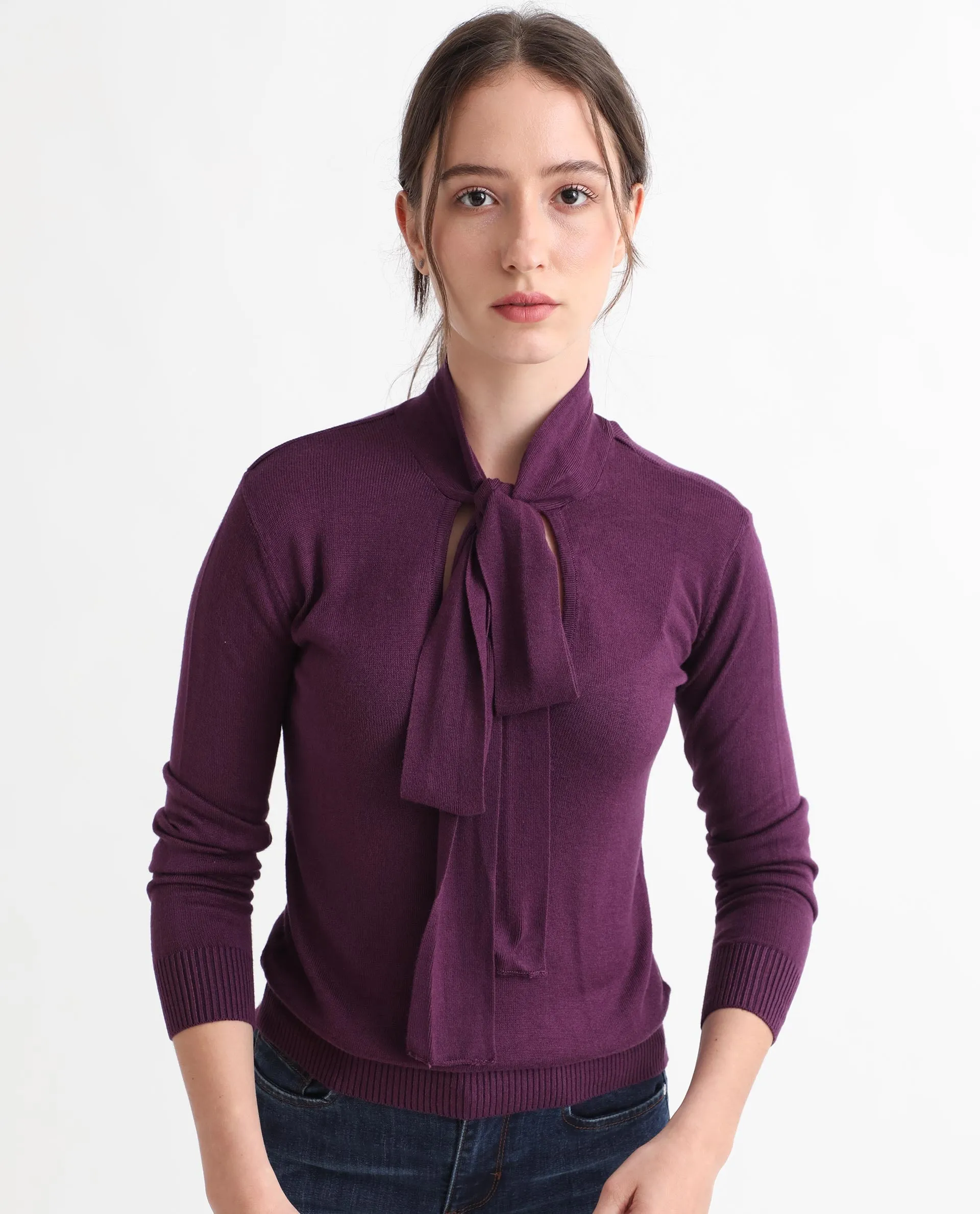 Rareism Women Dolce Purple Viscose Fabric Full Sleeves Regular Fit Solid Tie-Up Neck Sweater