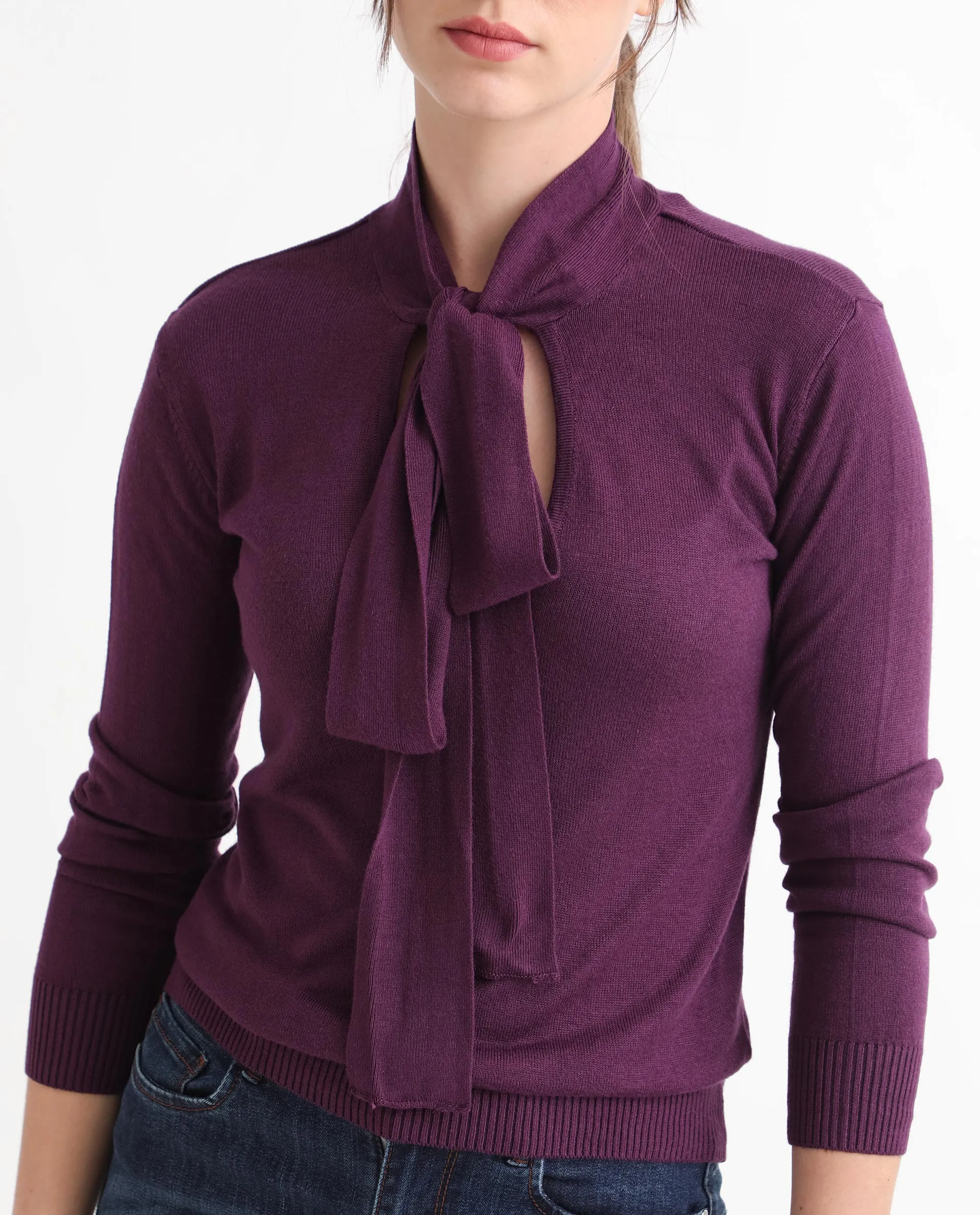 Rareism Women Dolce Purple Viscose Fabric Full Sleeves Regular Fit Solid Tie-Up Neck Sweater