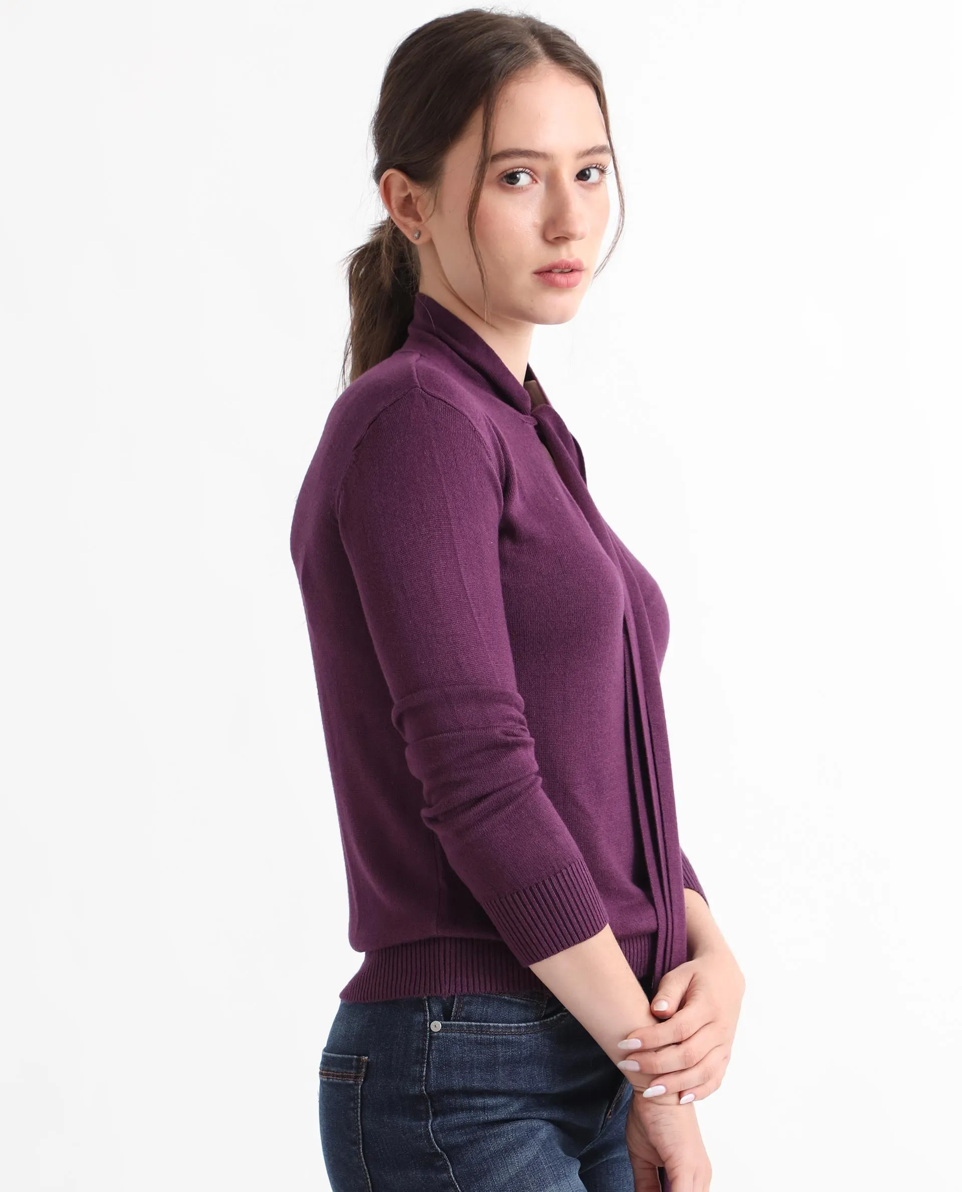 Rareism Women Dolce Purple Viscose Fabric Full Sleeves Regular Fit Solid Tie-Up Neck Sweater