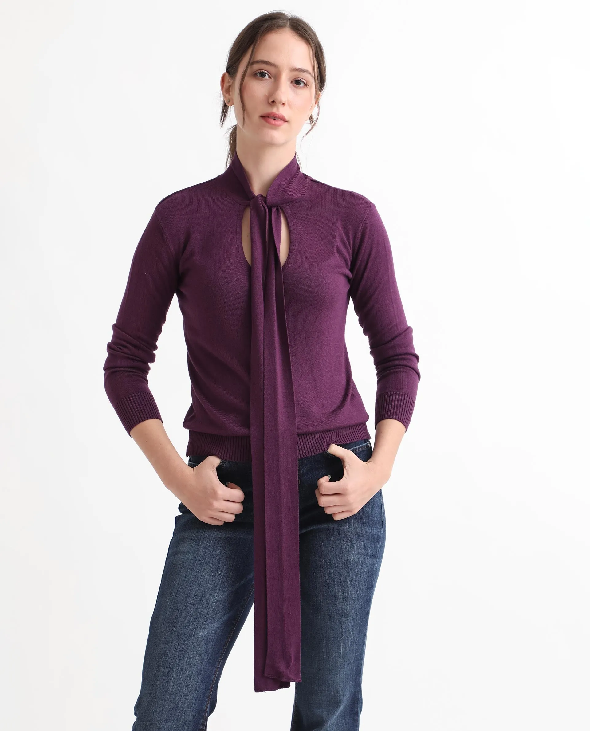 Rareism Women Dolce Purple Viscose Fabric Full Sleeves Regular Fit Solid Tie-Up Neck Sweater