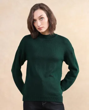 Rareism Women Ferny Green Acrylic Nylon Fabric Full Sleeve Turtle Neck Plain Sweater