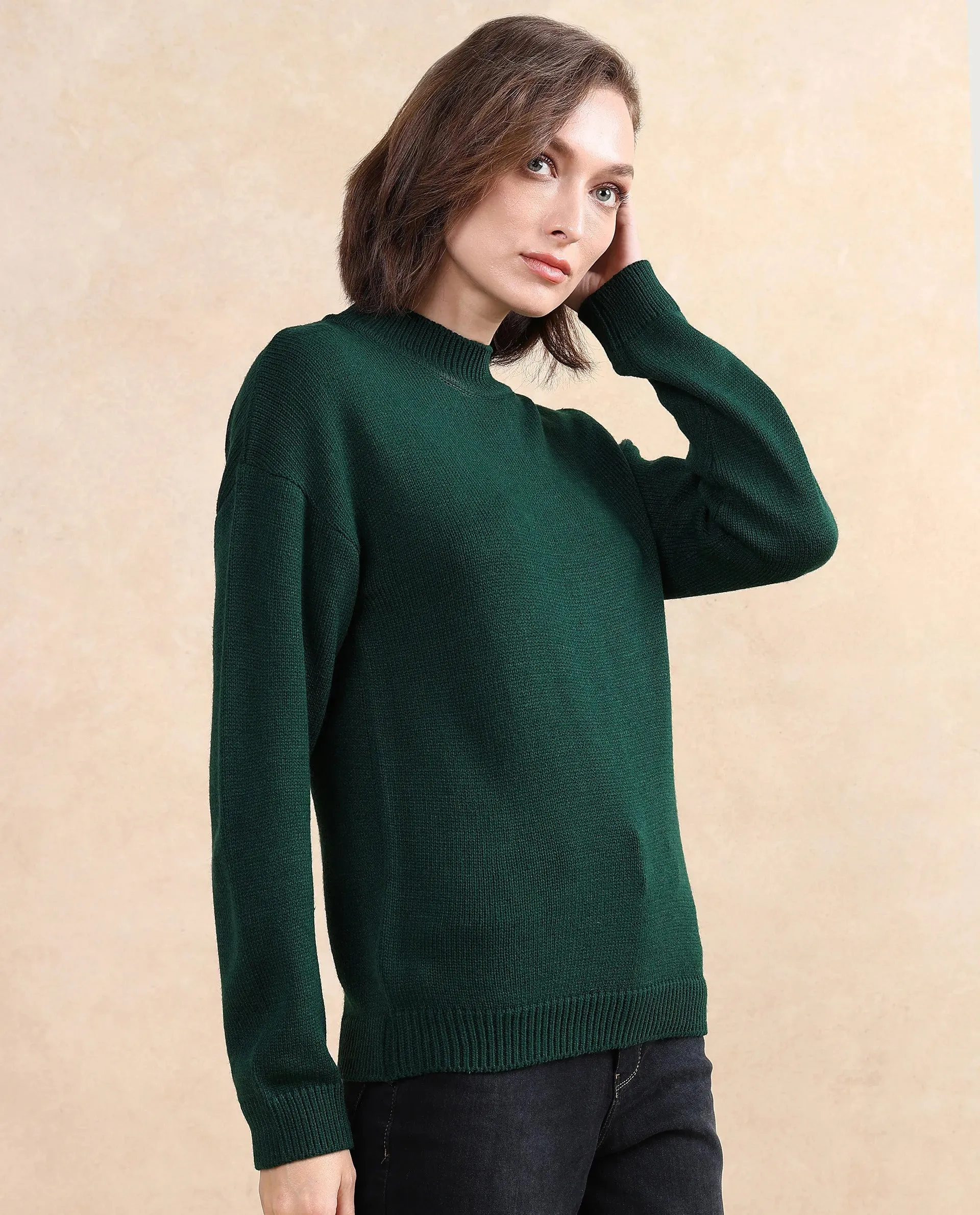 Rareism Women Ferny Green Acrylic Nylon Fabric Full Sleeve Turtle Neck Plain Sweater