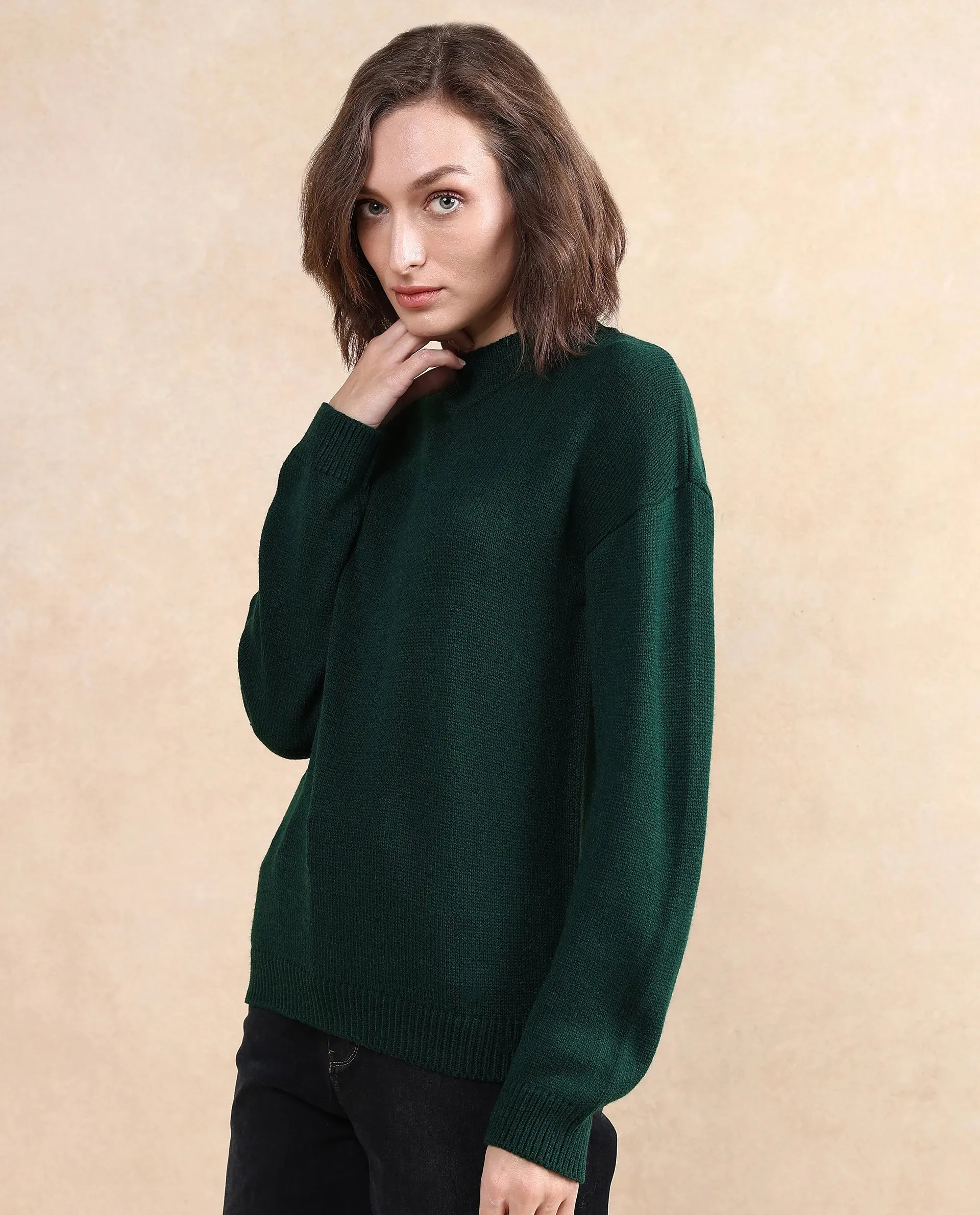 Rareism Women Ferny Green Acrylic Nylon Fabric Full Sleeve Turtle Neck Plain Sweater