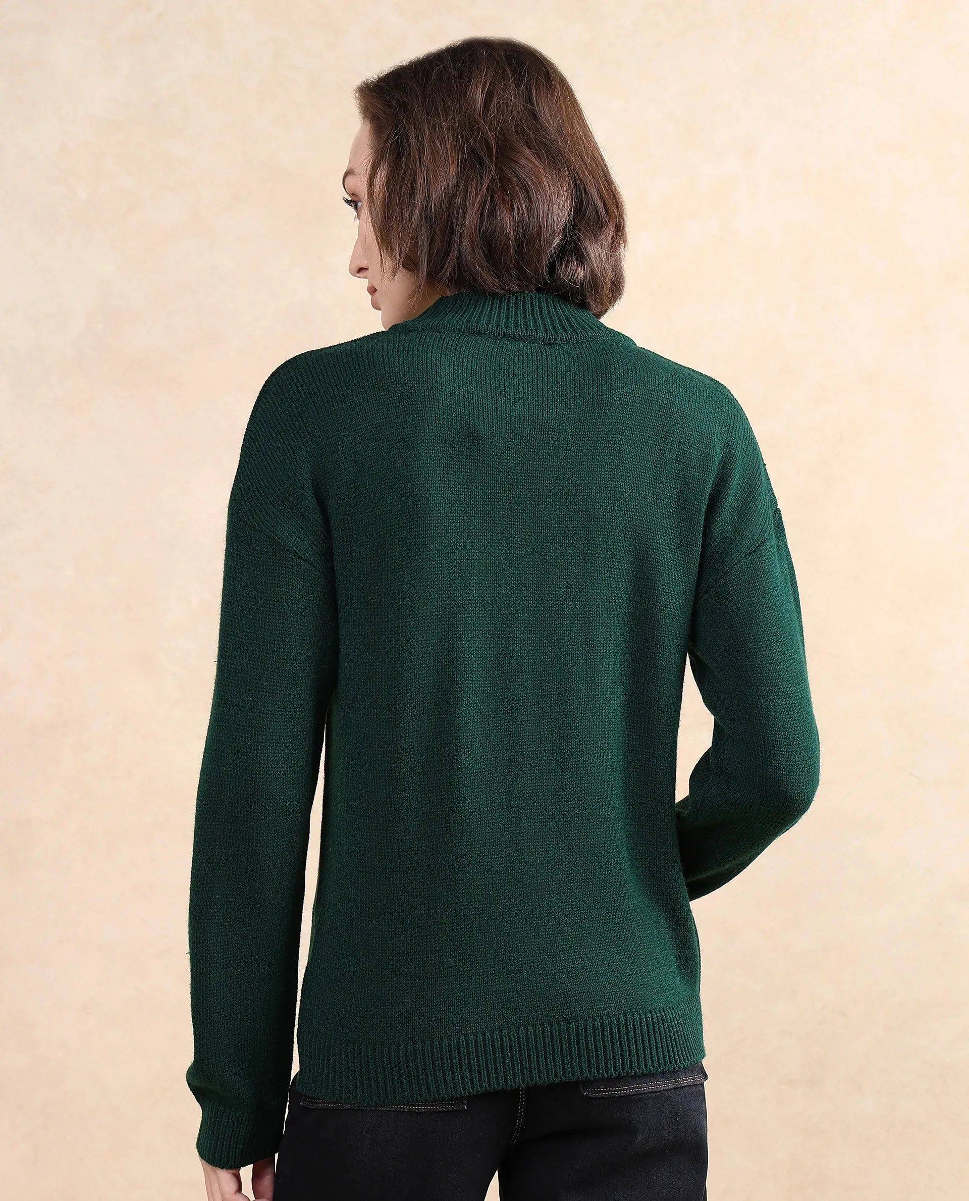 Rareism Women Ferny Green Acrylic Nylon Fabric Full Sleeve Turtle Neck Plain Sweater