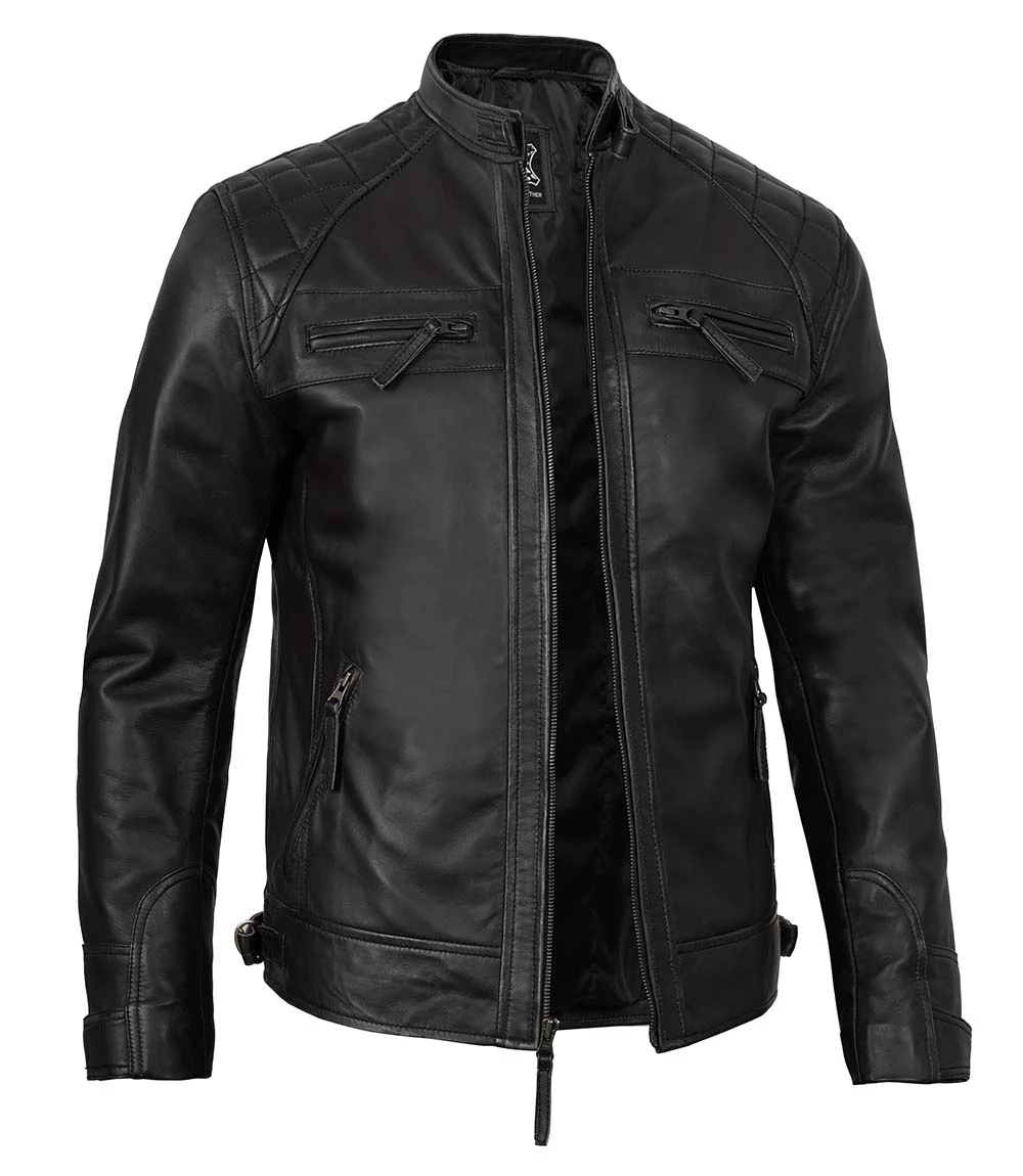 Tall Diamond Men's Black Cafe Racer Biker Jacket