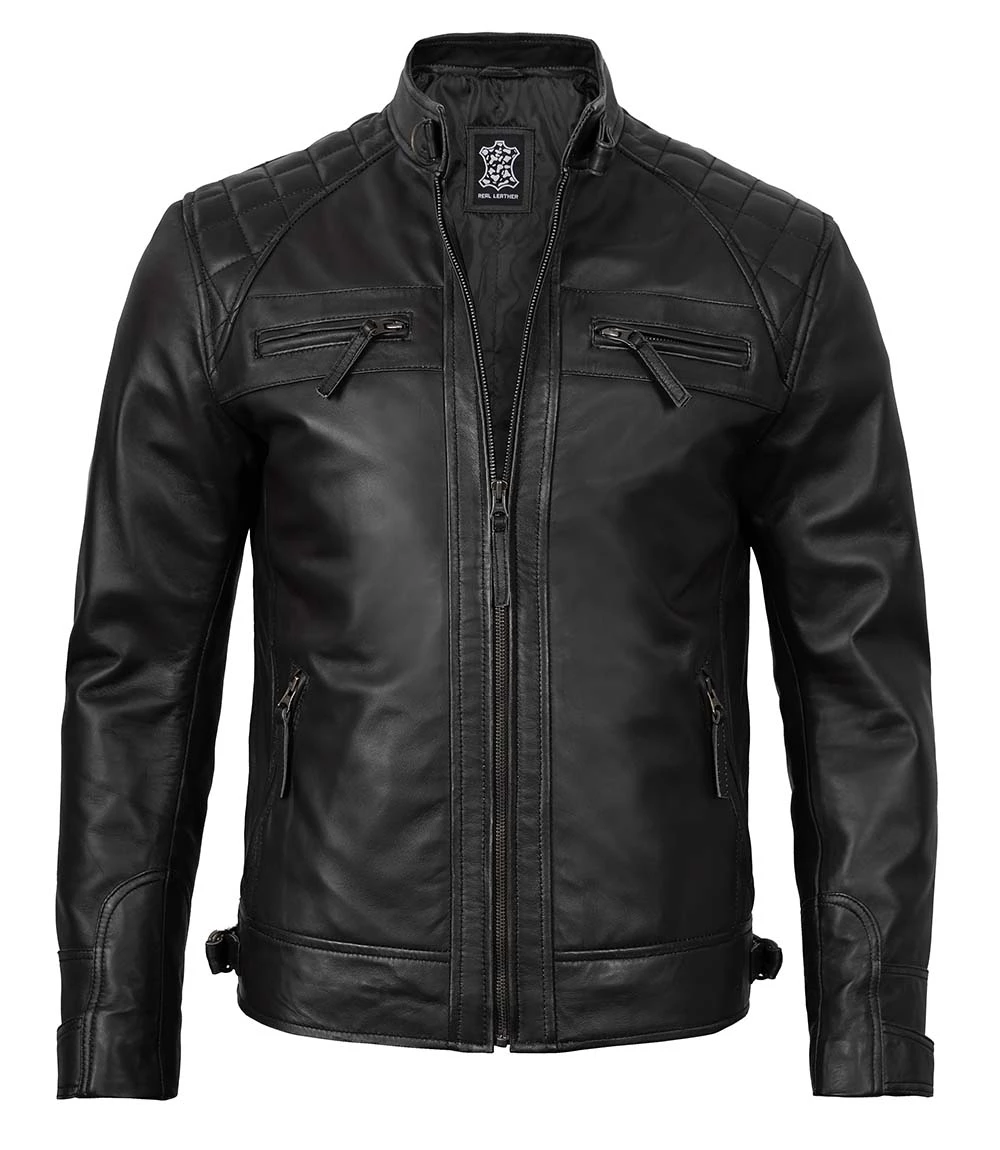 Tall Diamond Men's Black Cafe Racer Biker Jacket