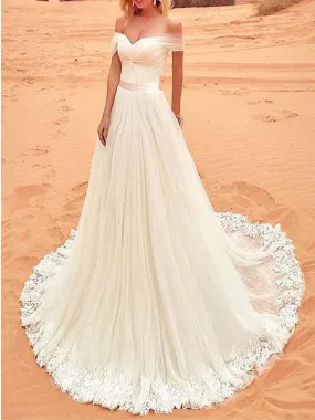 Tulle Off Shoulder Ivory Applique Wedding Dress, WD0455