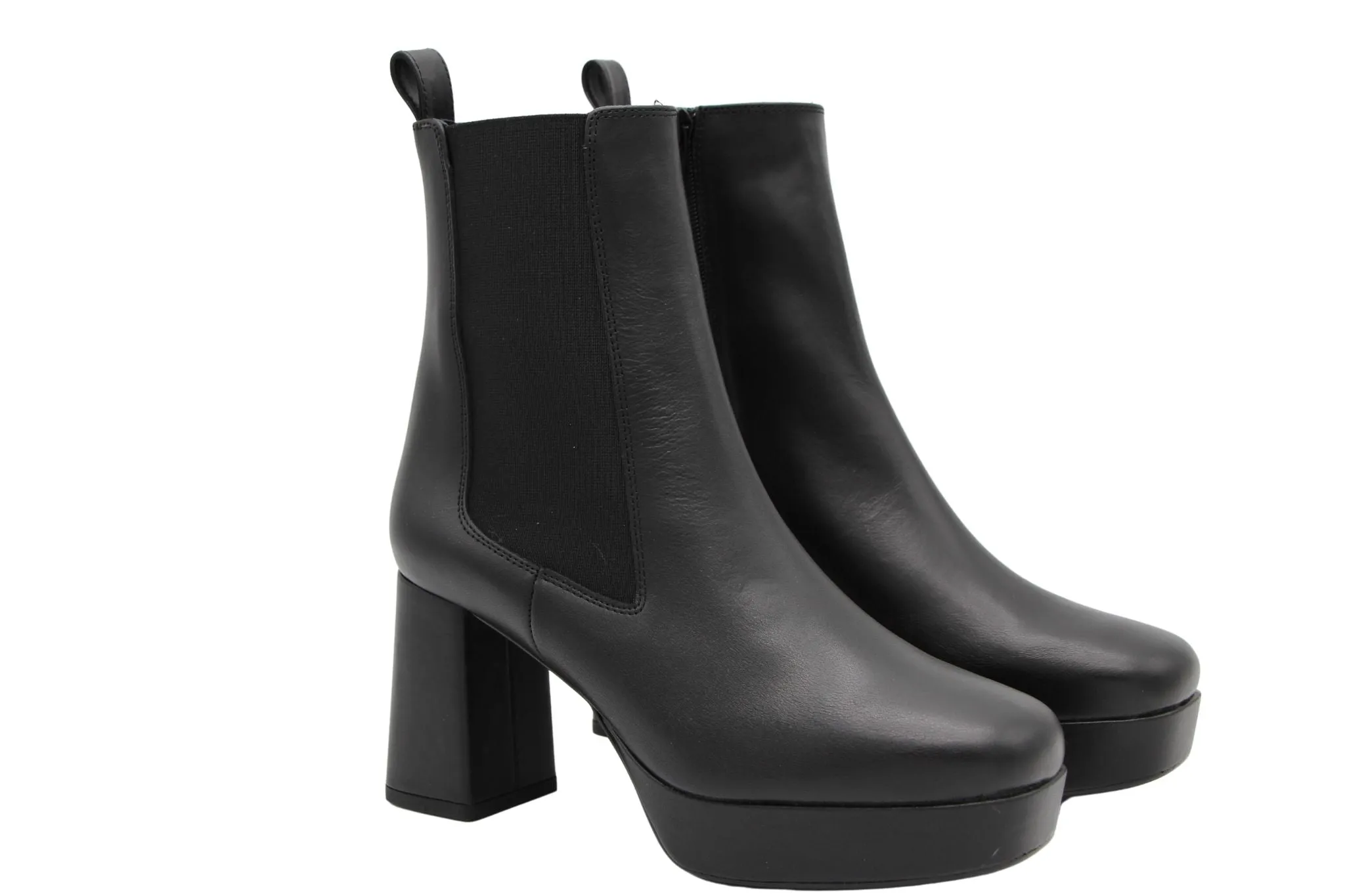 UNISA MARLOW Black Leather Platform Ankle Boot with Block Heel