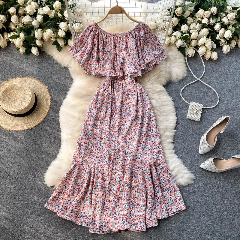 Vintage Floral Print Midi Dress Elegant Ruffle Off Shoulder Dress Beach Dresses