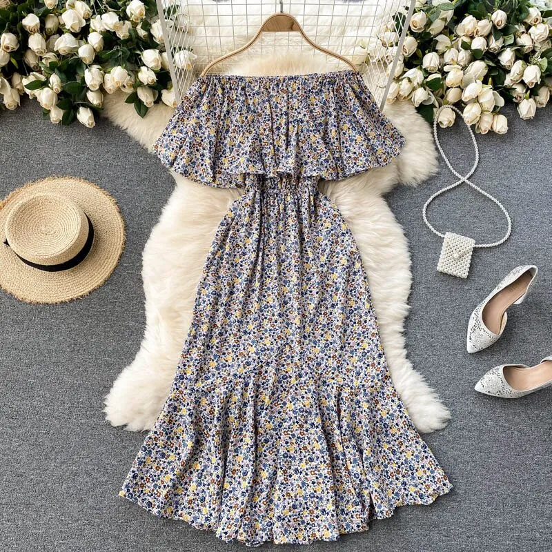 Vintage Floral Print Midi Dress Elegant Ruffle Off Shoulder Dress Beach Dresses