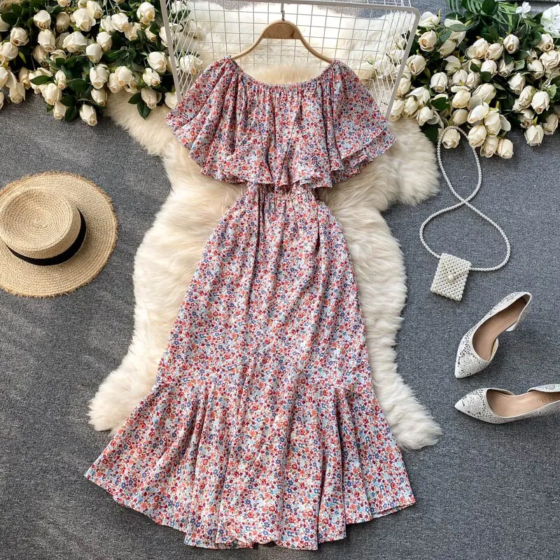 Vintage Floral Print Midi Dress Elegant Ruffle Off Shoulder Dress Beach Dresses