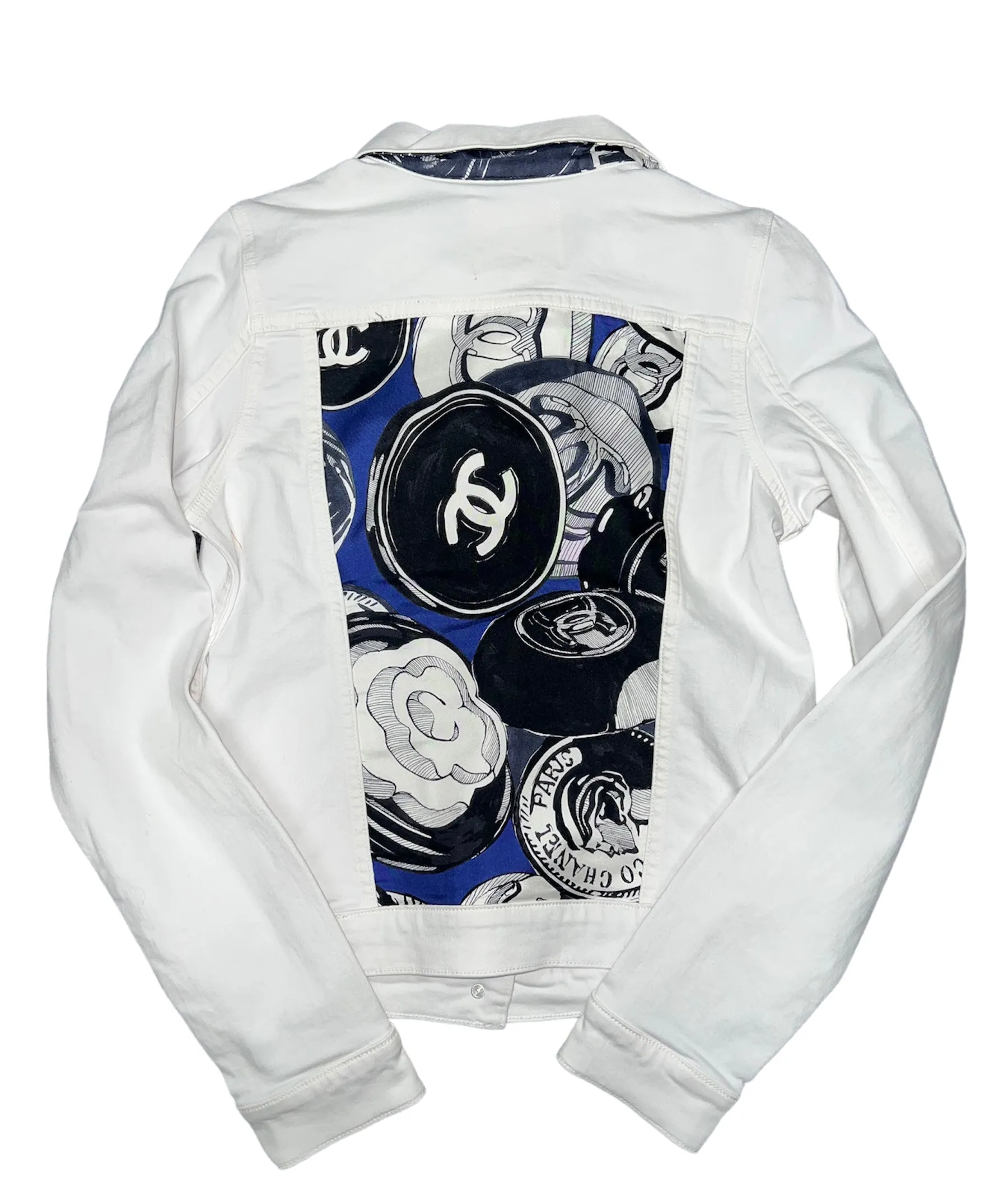 White Denim Jacket with Designer Silk Scarf