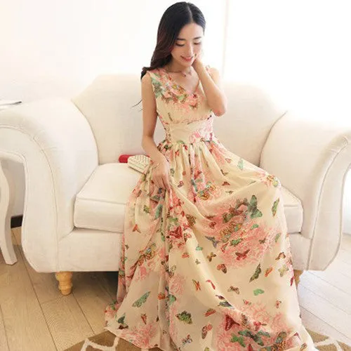 Women Party Dresses Fashion Butterfly Floral Print V Neck Sleeveless Bohemian Dress Elegant Slim Vestidos Plus Size 71230 GS