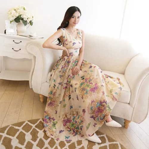 Women Party Dresses Fashion Butterfly Floral Print V Neck Sleeveless Bohemian Dress Elegant Slim Vestidos Plus Size 71230 GS