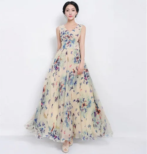 Women Party Dresses Fashion Butterfly Floral Print V Neck Sleeveless Bohemian Dress Elegant Slim Vestidos Plus Size 71230 GS