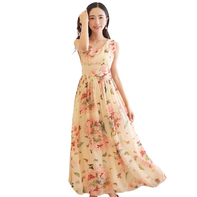 Women Party Dresses Fashion Butterfly Floral Print V Neck Sleeveless Bohemian Dress Elegant Slim Vestidos Plus Size 71230 GS