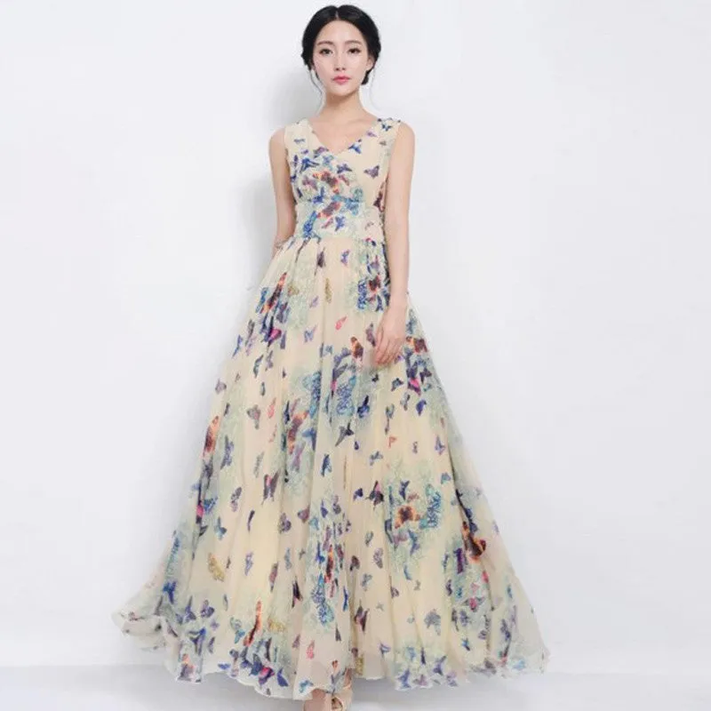 Women Party Dresses Fashion Butterfly Floral Print V Neck Sleeveless Bohemian Dress Elegant Slim Vestidos Plus Size 71230 GS