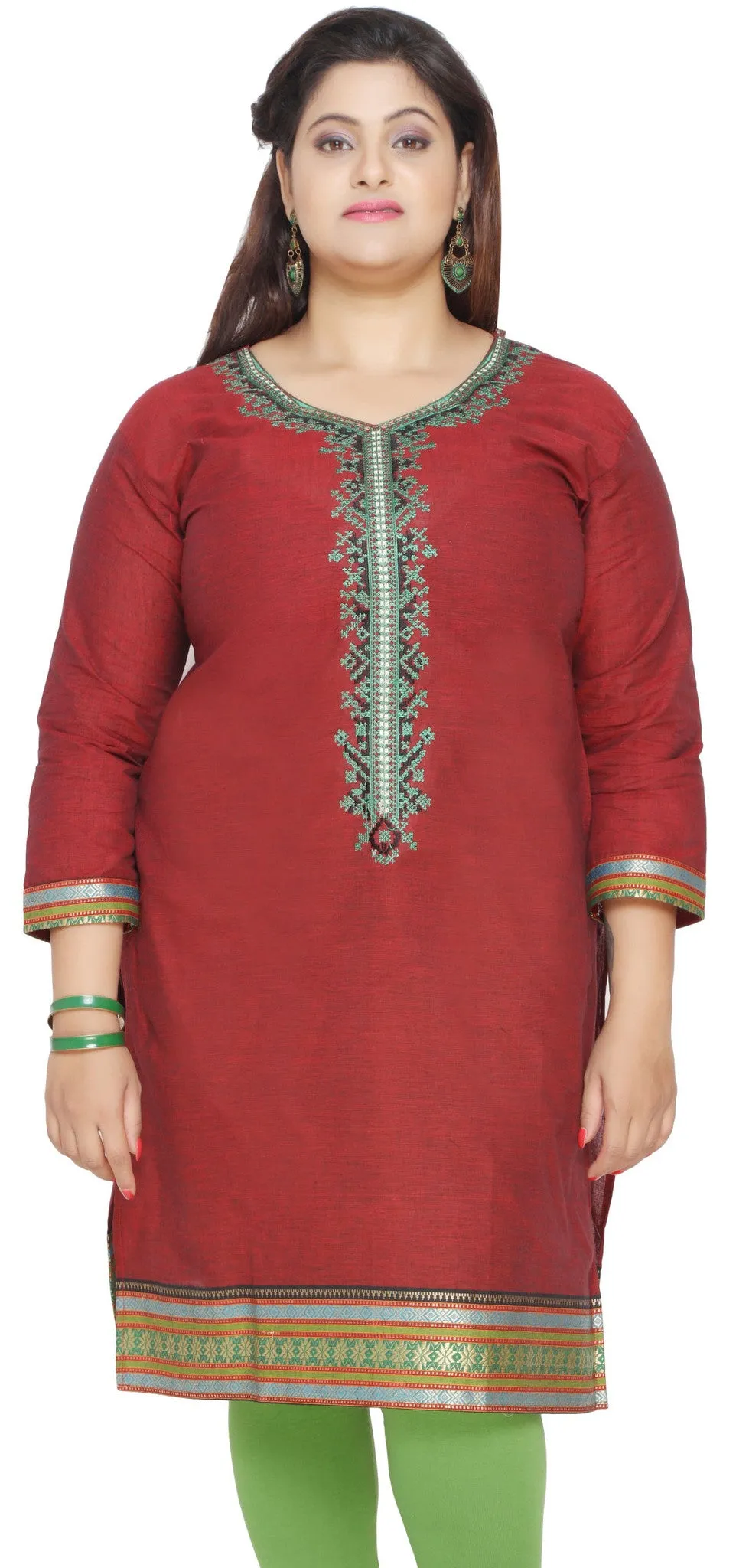 Women's Cotton Indian Tunics Kurti Long Top Embroidered Plus Size (Maroon)