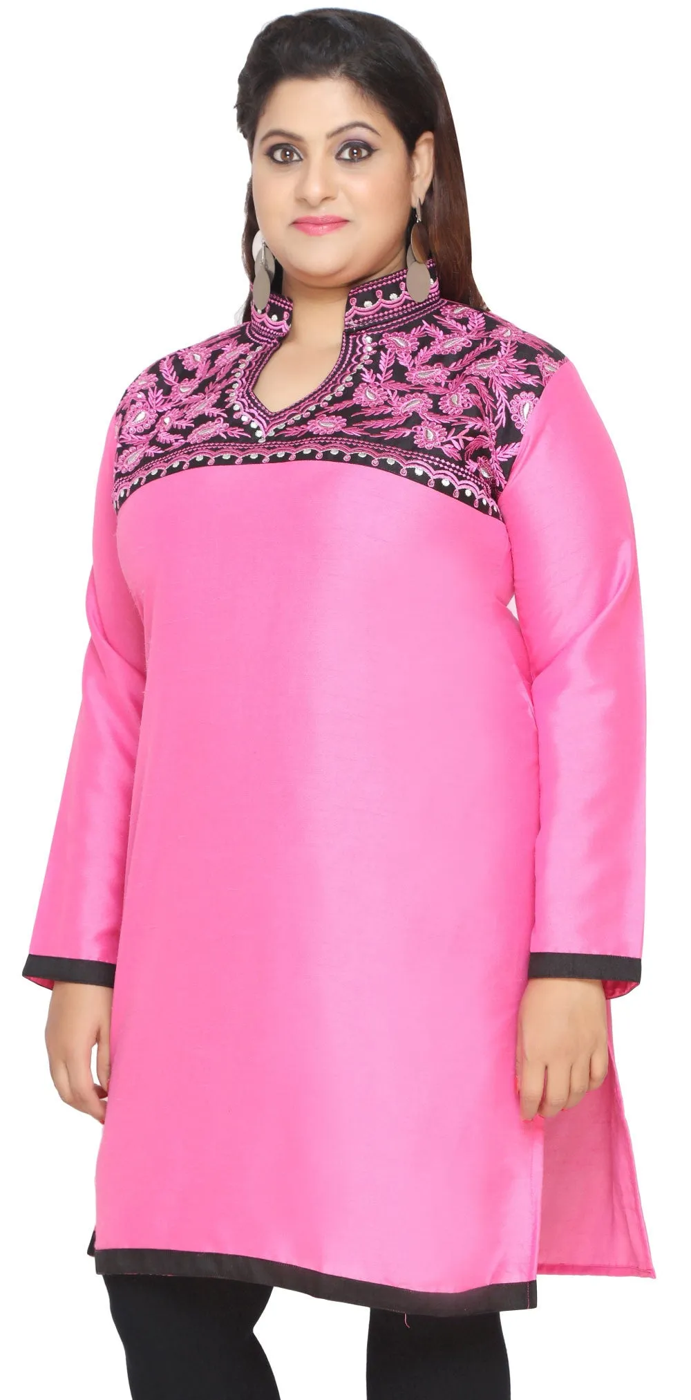 Women's Poly Silk Indian Tunics Kurti Long Top Embroidered Plus Size (Pink)