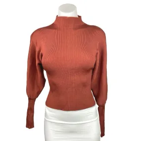 Zara Brown Balloon Sleeve Turtle Neck Ribbed Trim Knit Fitted Sweater Top Size L