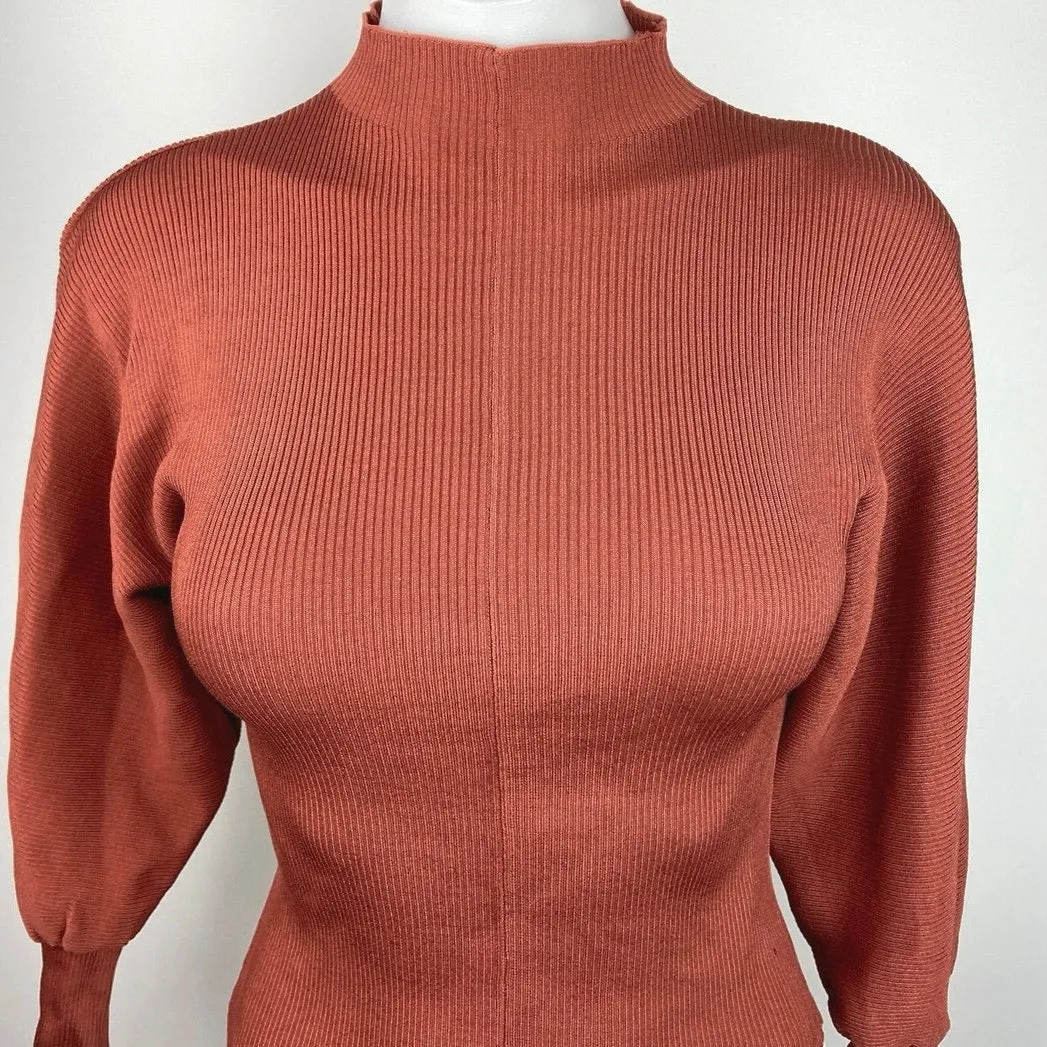 Zara Brown Balloon Sleeve Turtle Neck Ribbed Trim Knit Fitted Sweater Top Size L