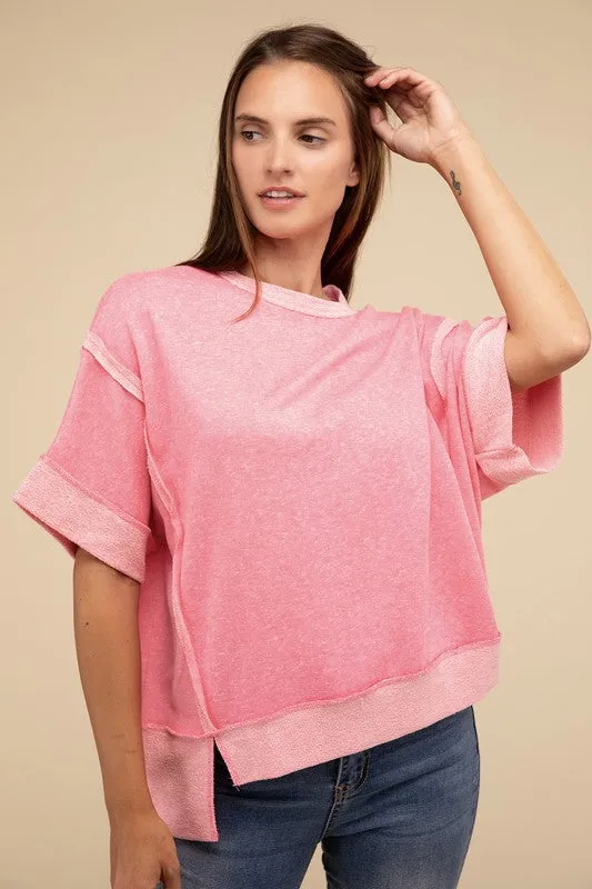 ZEN Contrast Trim Top Stitching Drop Shoulder Top