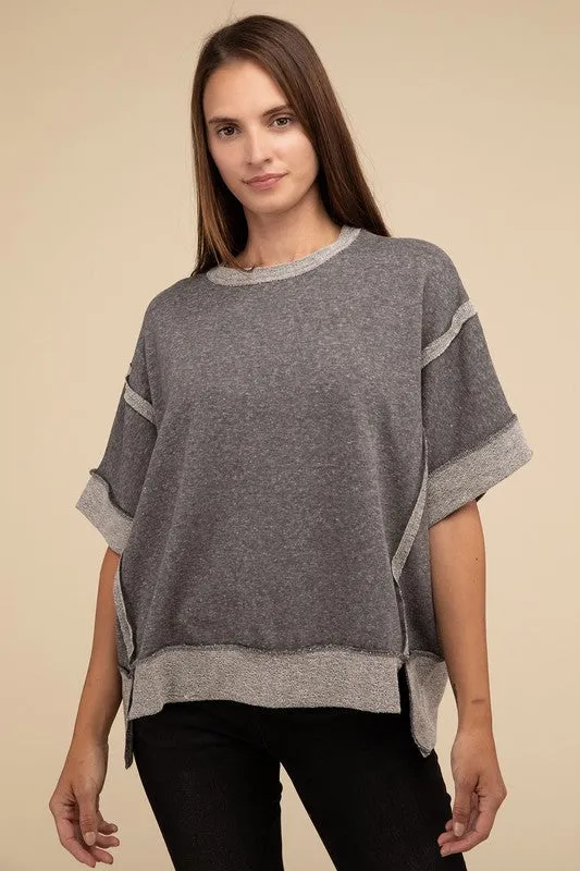 ZEN Contrast Trim Top Stitching Drop Shoulder Top